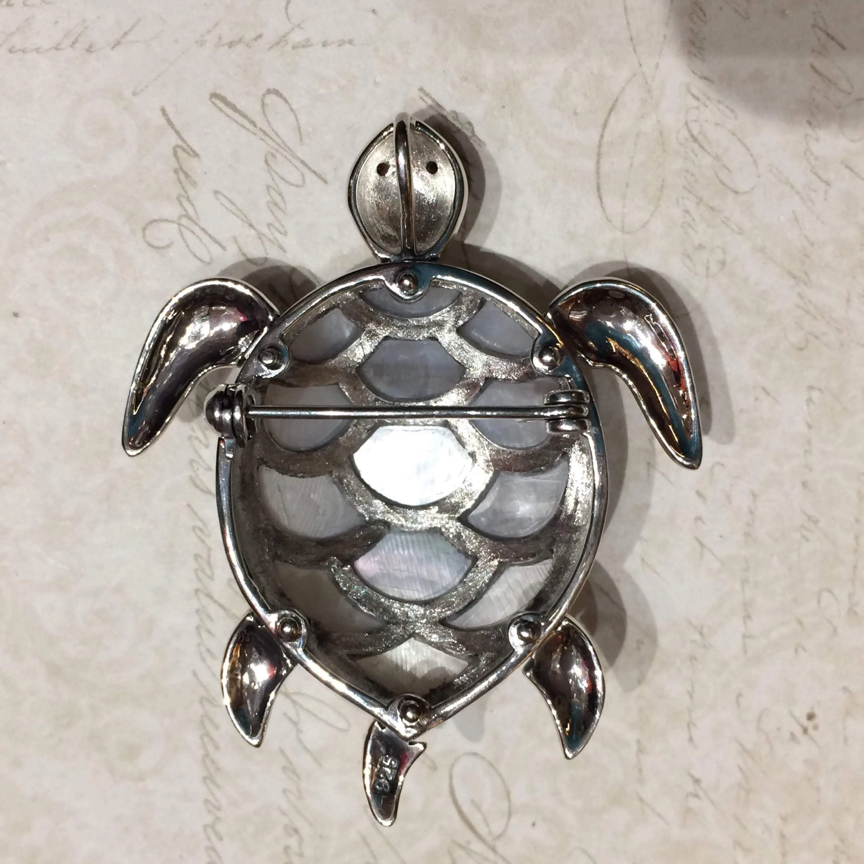 Mother of Pearl Turtle Brooch silver Marcasite