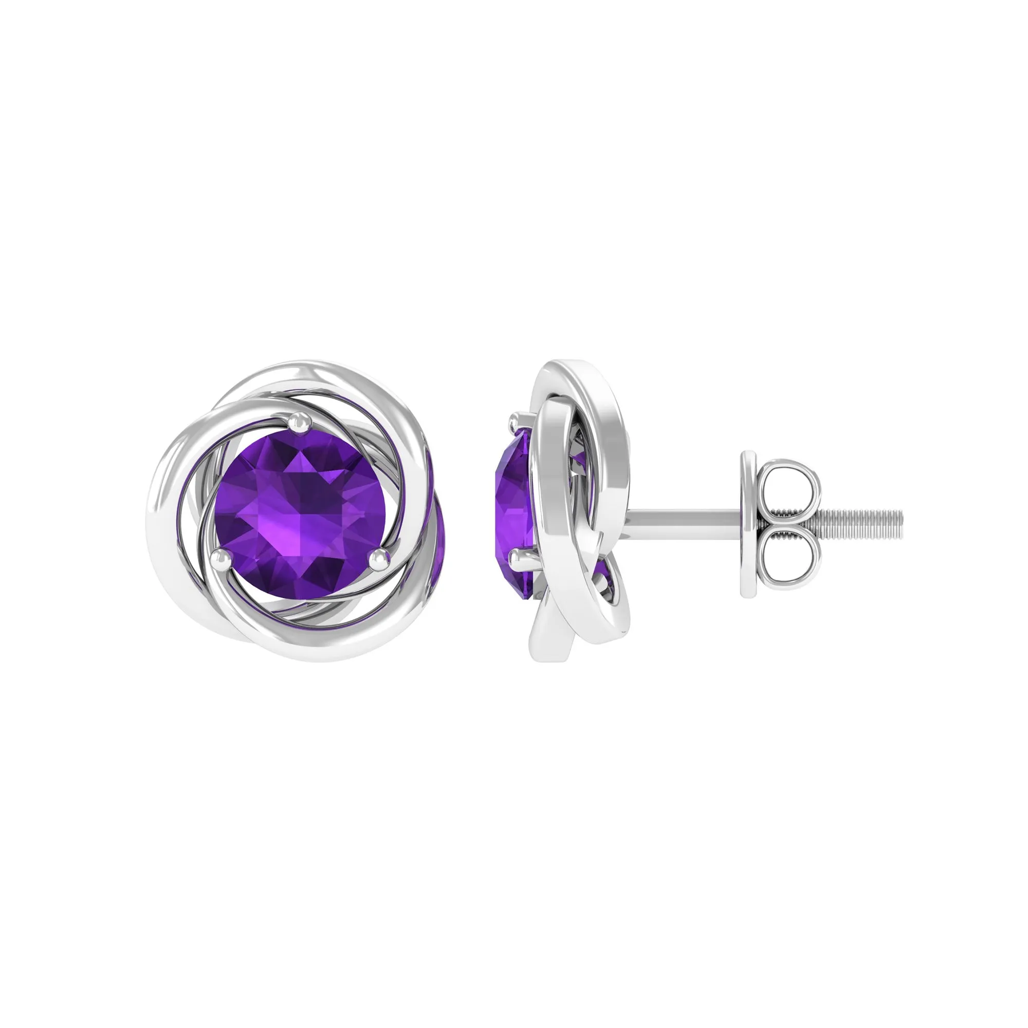 Natural Amethyst Solitaire Swirl Stud Earrings