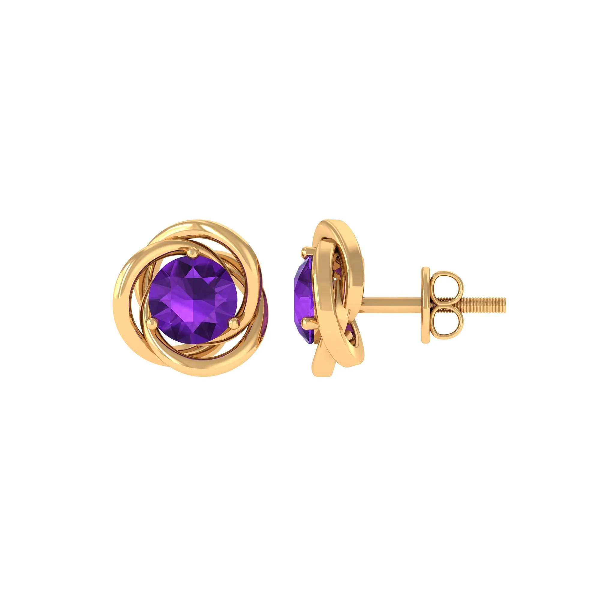 Natural Amethyst Solitaire Swirl Stud Earrings