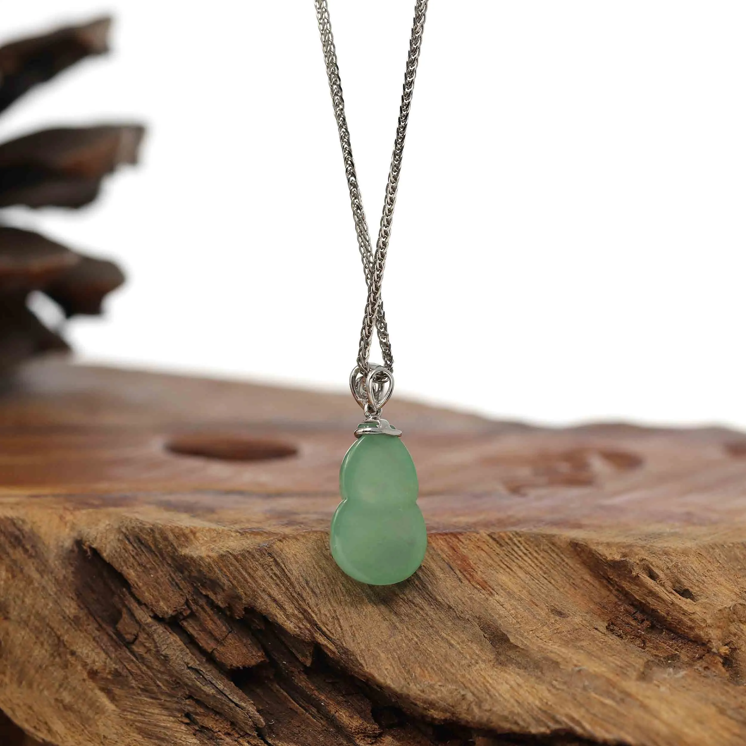 Natural Green Jadeite Jade "Magic Bottle Gourd" Hulu Necklace With 14k White Gold Diamond Bail