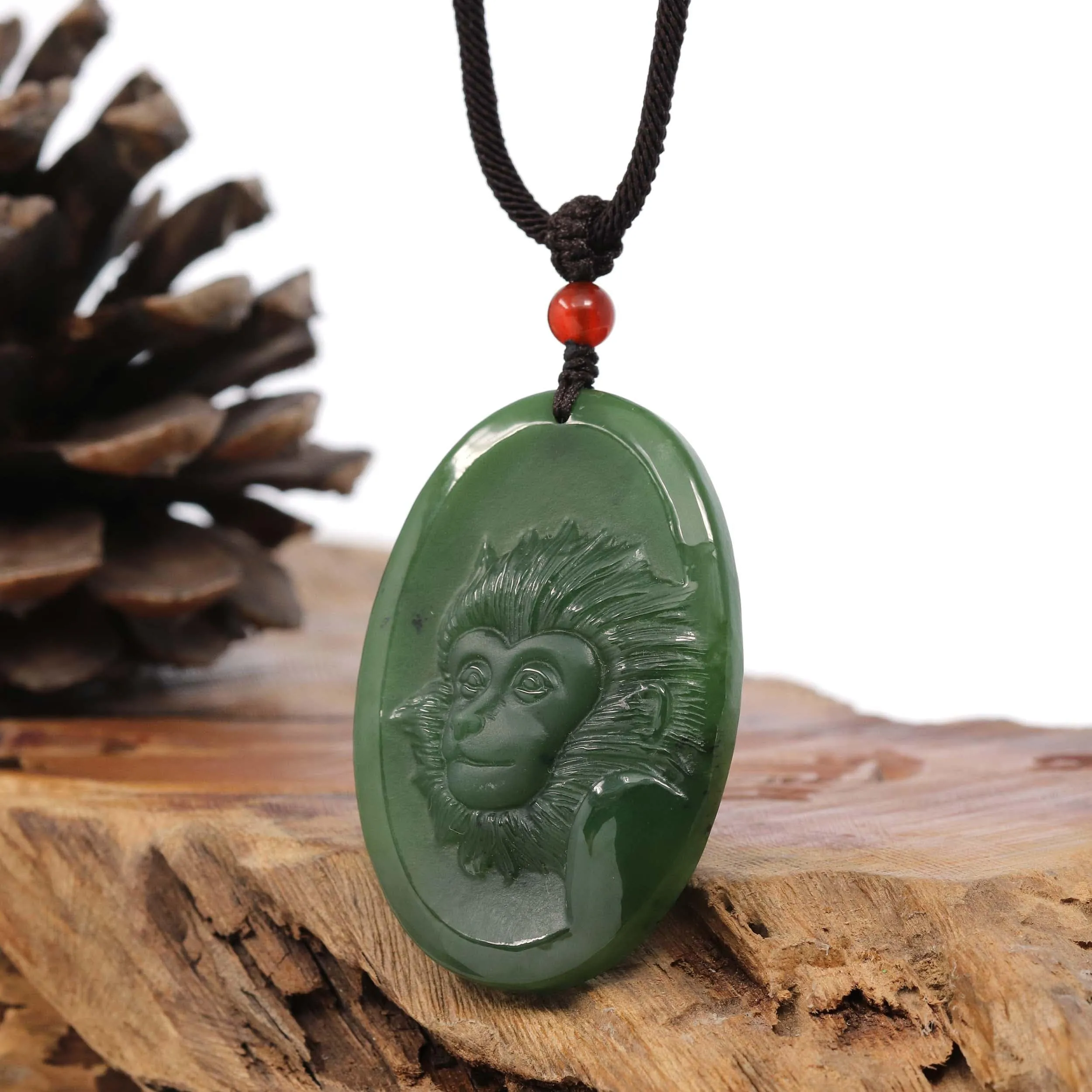 Natural Jade 12 Zodiac: Nephrite Jade Monkey Pendant Necklace in Deep Green