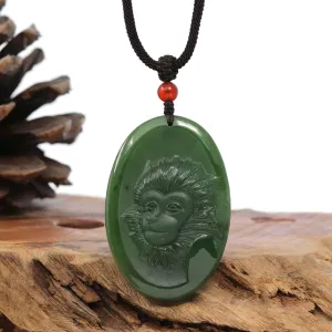 Natural Jade 12 Zodiac: Nephrite Jade Monkey Pendant Necklace in Deep Green