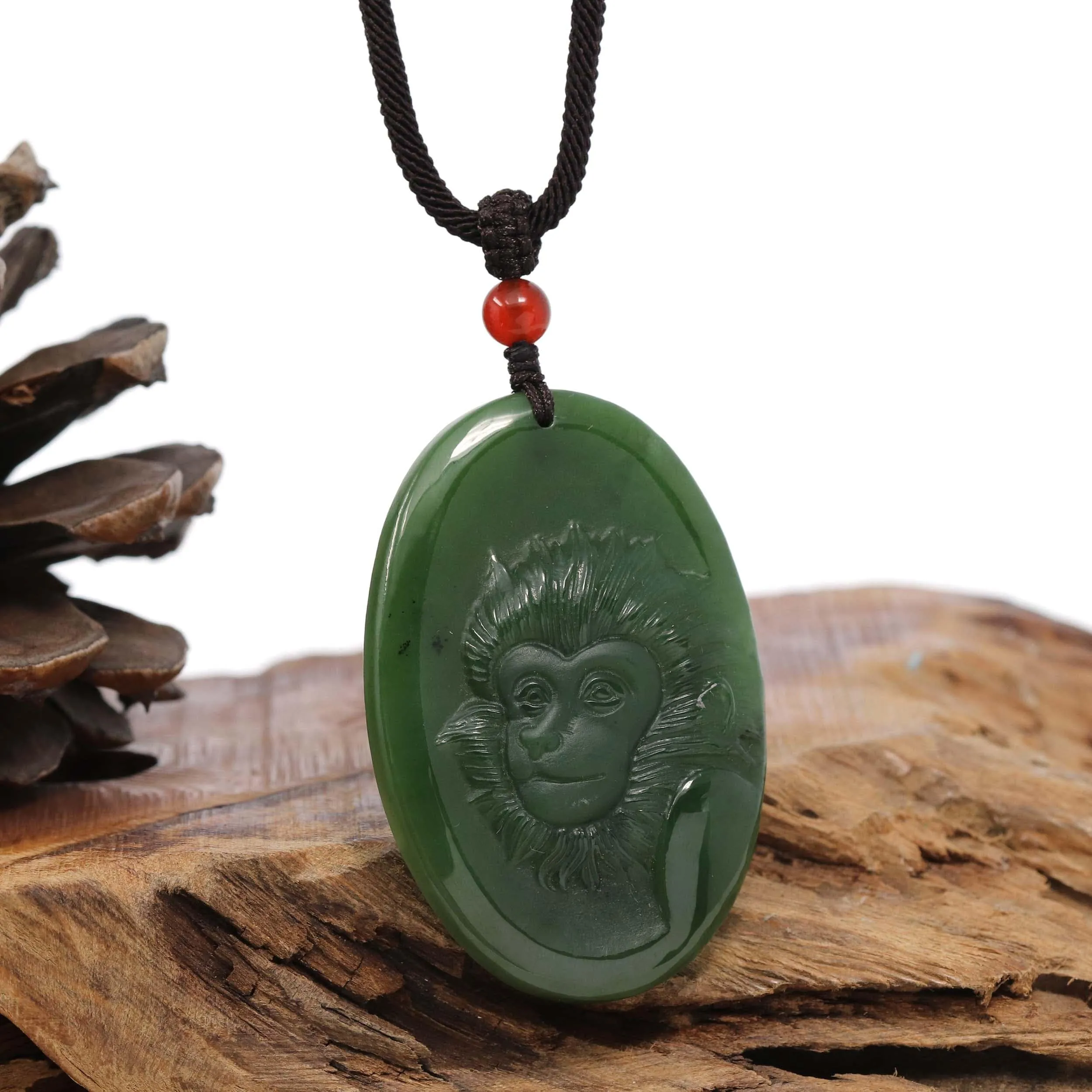 Natural Jade 12 Zodiac: Nephrite Jade Monkey Pendant Necklace in Deep Green