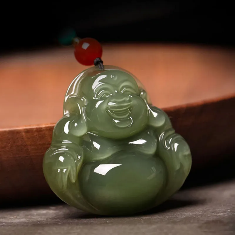 Natural Xinjiang Hetian Jade Green Jade Maitreya Buddha Jade Pendant Necklace