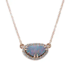 Opal and Diamond Halo Necklace in 14k Rose Gold, 9.30x5.10mm