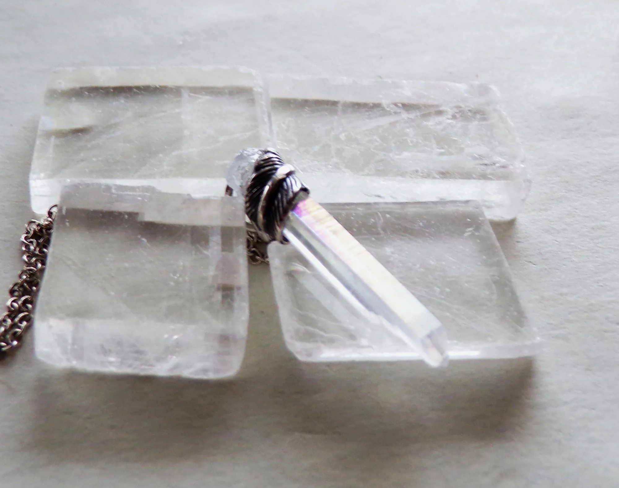 Opal Aura Quartz Celestite Feather Wrapped Pendant Necklace