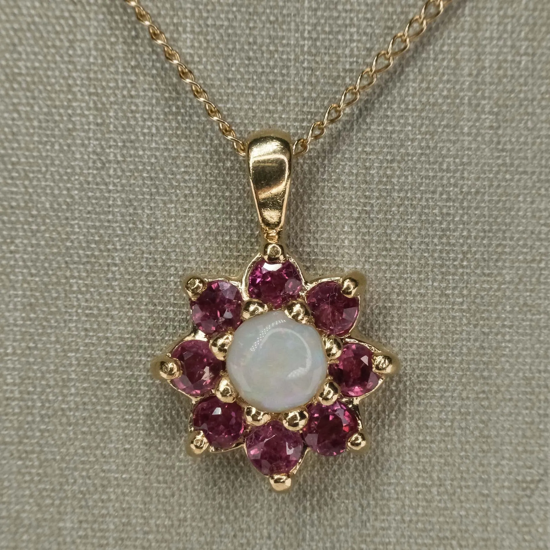 Opal with Spinel Halo Pendant on 18" Cable Chain in 14K Yellow Gold