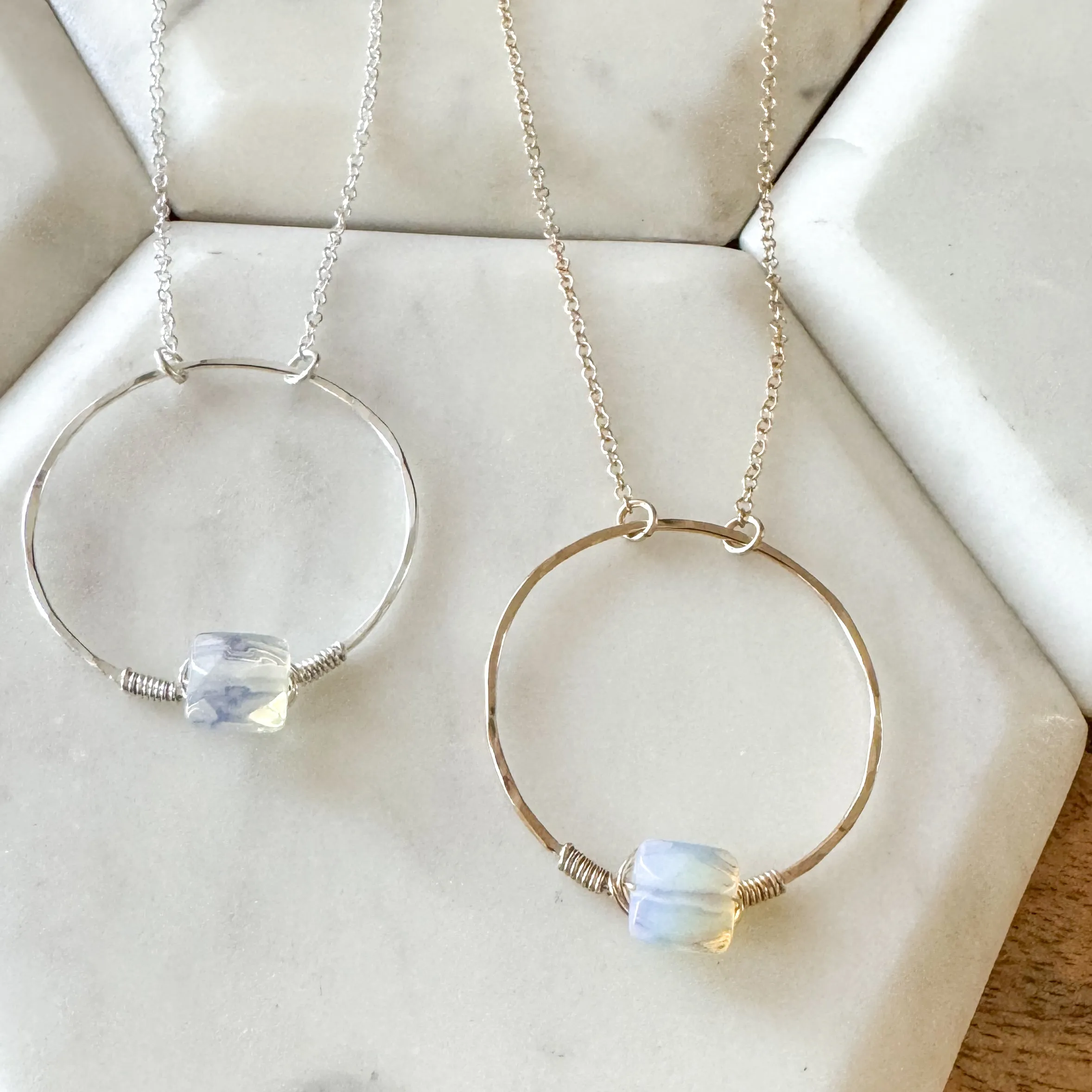 Opal wrapped hoop necklace