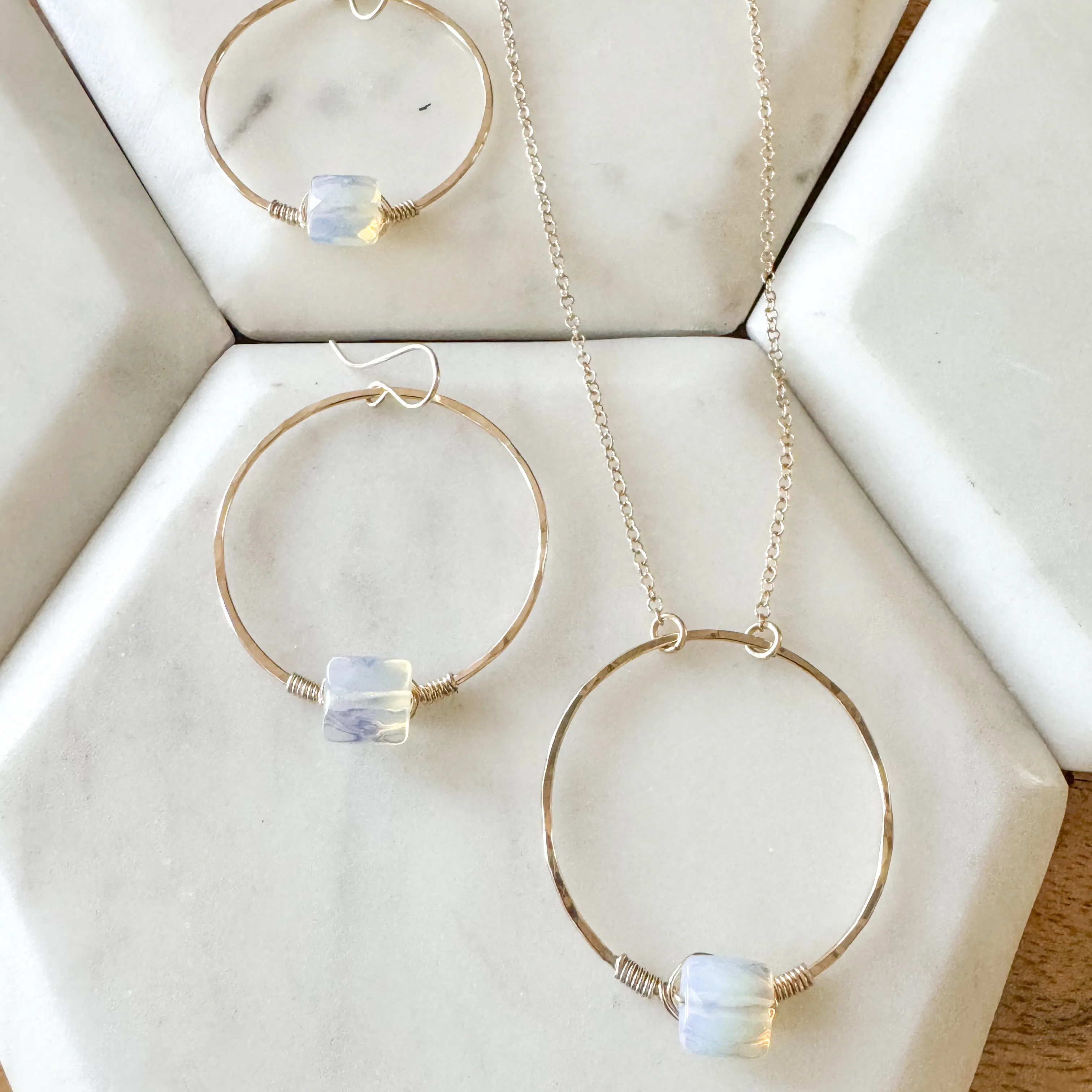 Opal wrapped hoop necklace