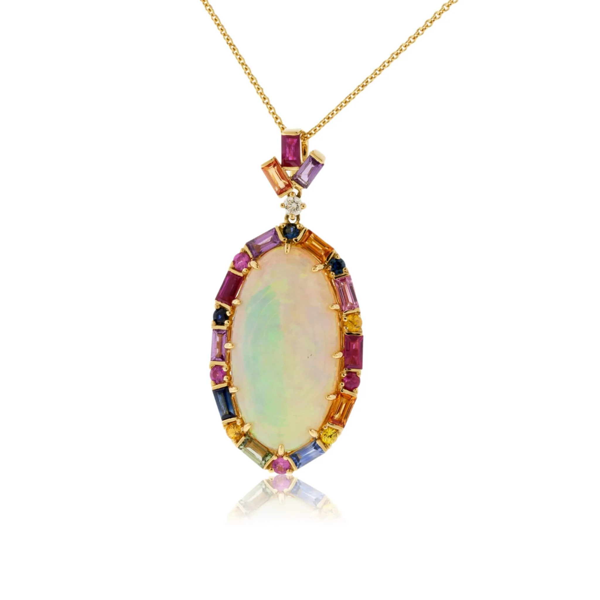 Oval Shaped Opal Cabochon with Sapphire Halo Pendant with Chain