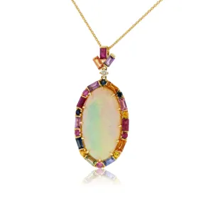 Oval Shaped Opal Cabochon with Sapphire Halo Pendant with Chain