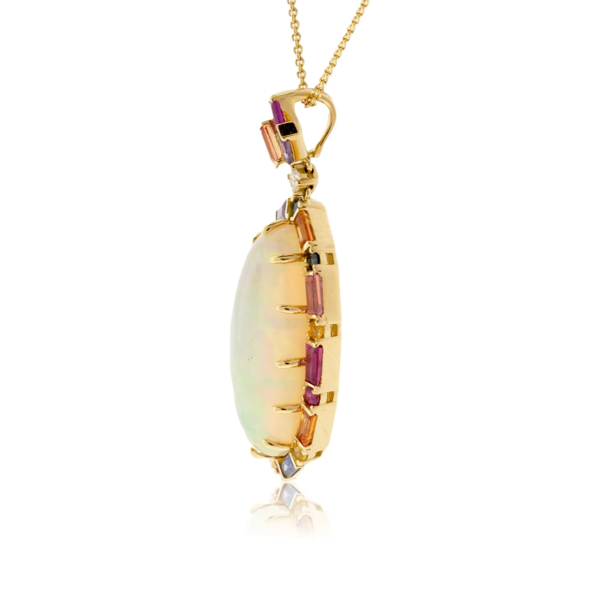 Oval Shaped Opal Cabochon with Sapphire Halo Pendant with Chain