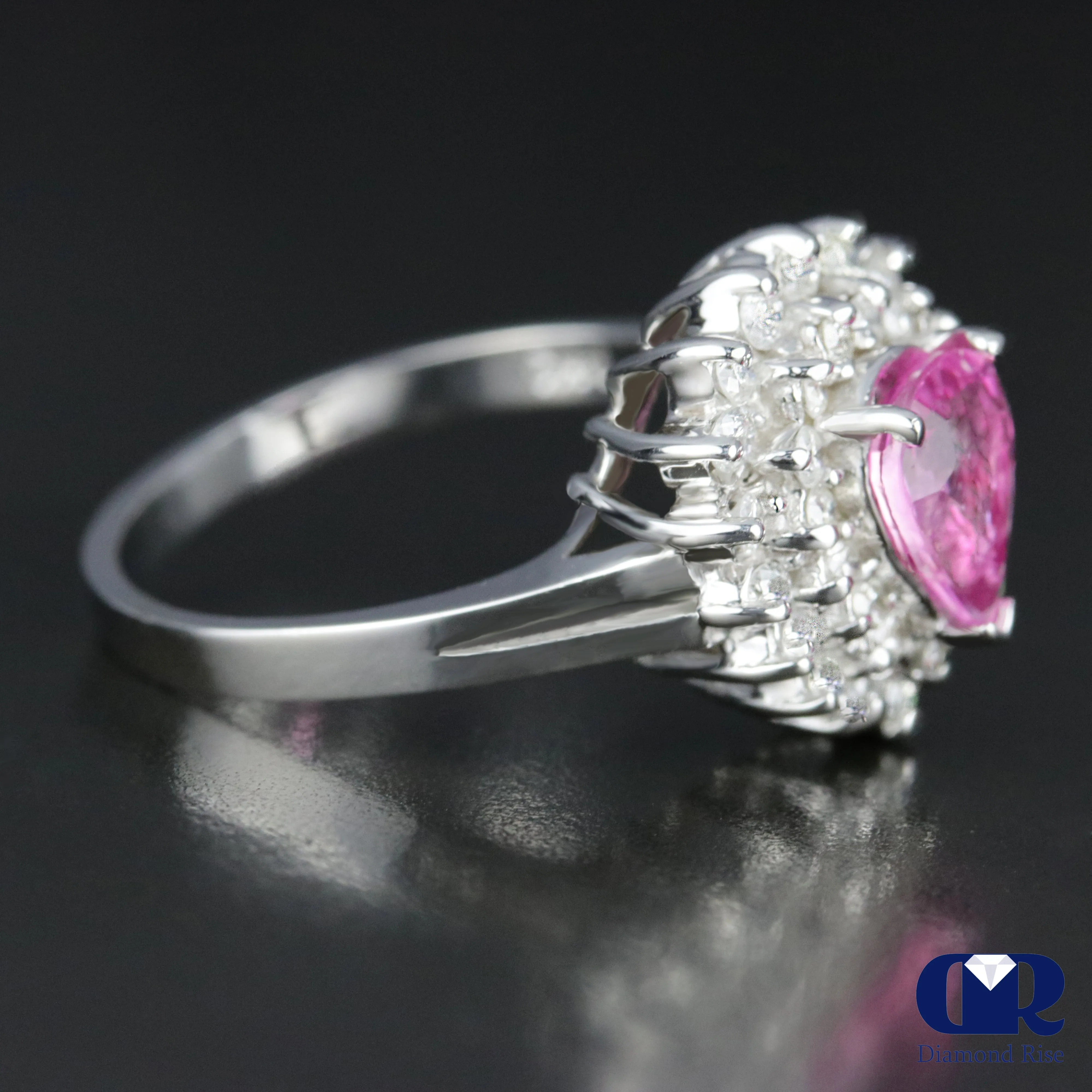 Pear Shaped Pink Sapphire & Diamond Double Halo Ring I4K Gold