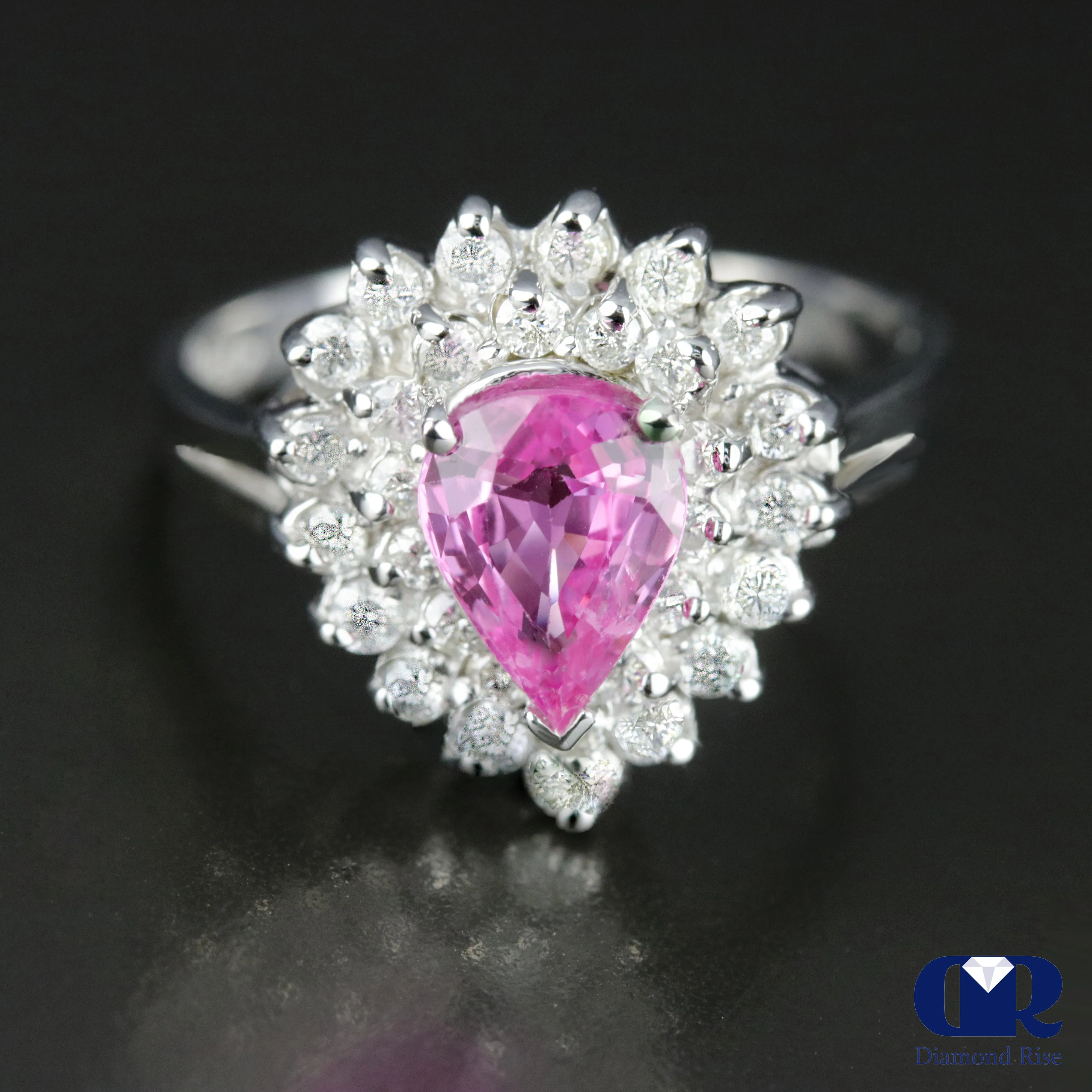 Pear Shaped Pink Sapphire & Diamond Double Halo Ring I4K Gold