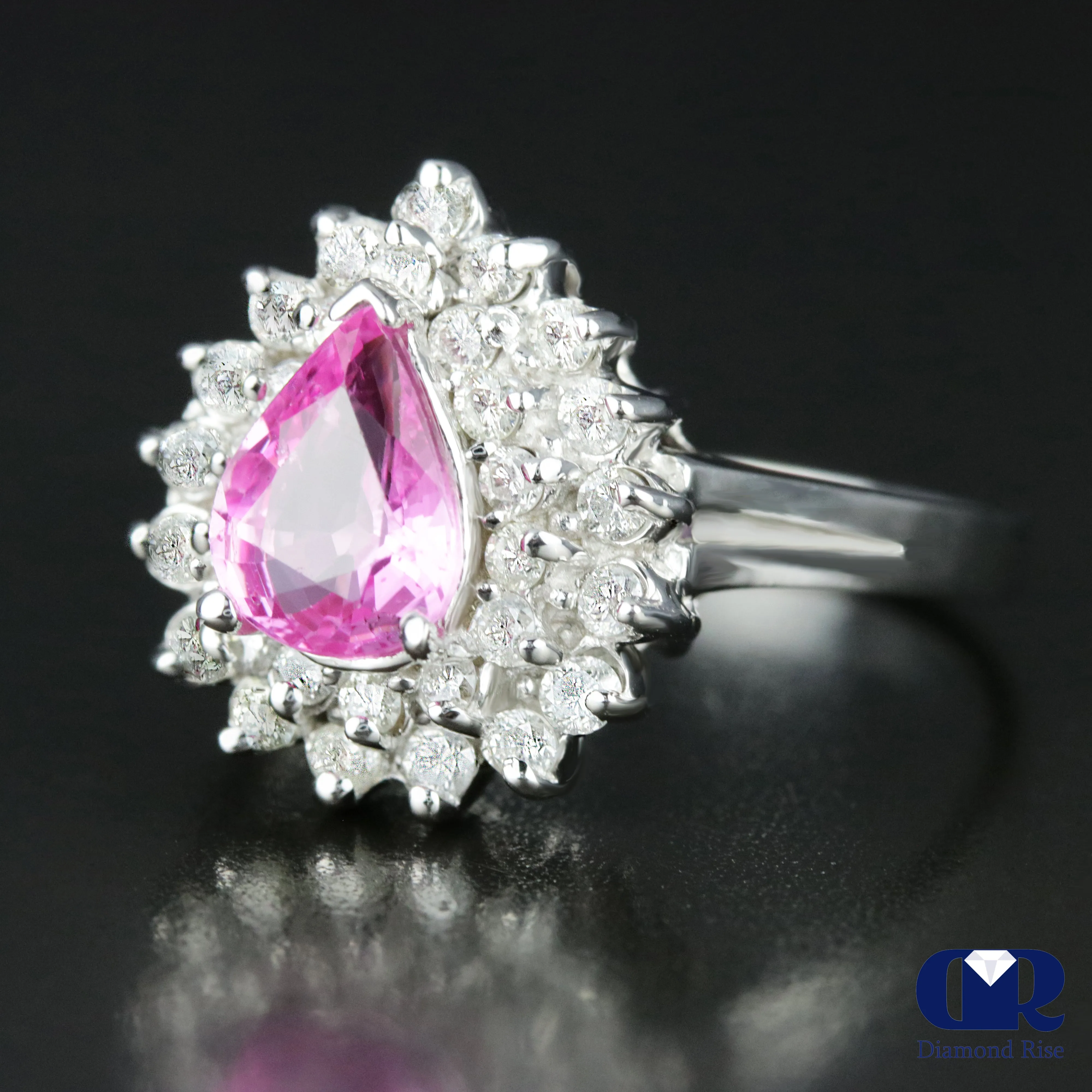 Pear Shaped Pink Sapphire & Diamond Double Halo Ring I4K Gold