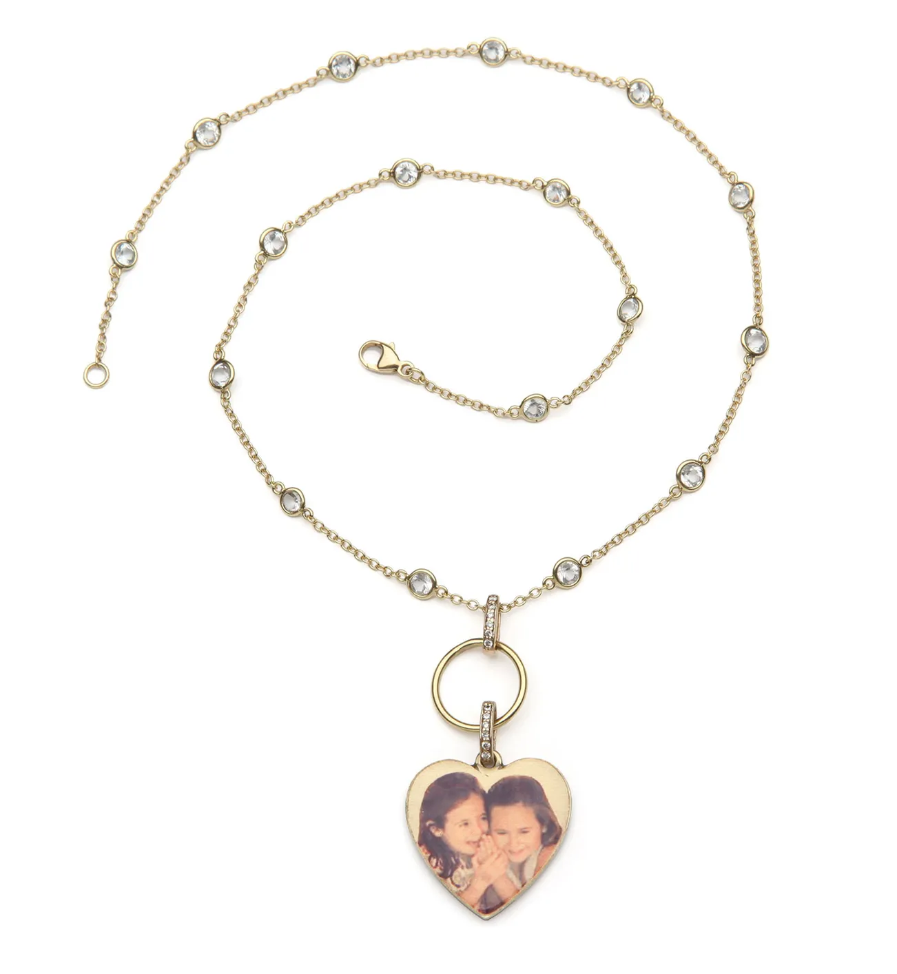 Personalized Gold Heart Shaped Picture Pendant on White Topaz "by the Yard" type Chain