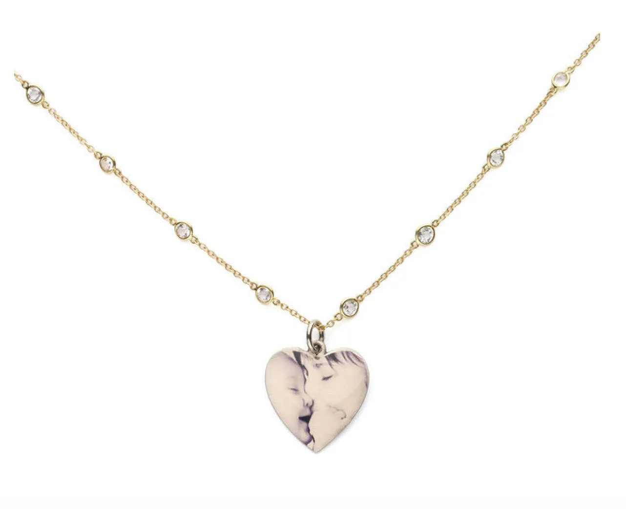 Personalized Gold Heart Shaped Picture Pendant on White Topaz "by the Yard" type Chain