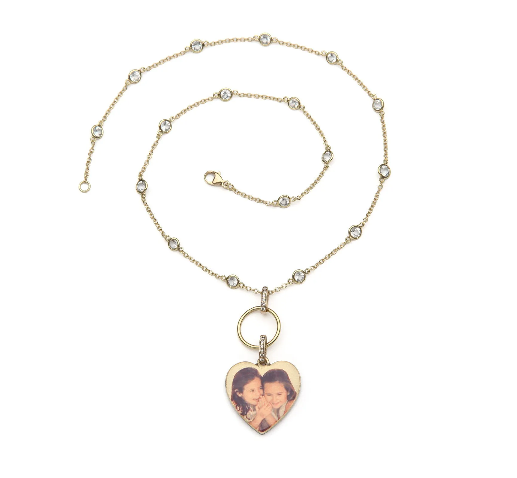 Personalized Gold Heart Shaped Picture Pendant on White Topaz "by the Yard" type Chain