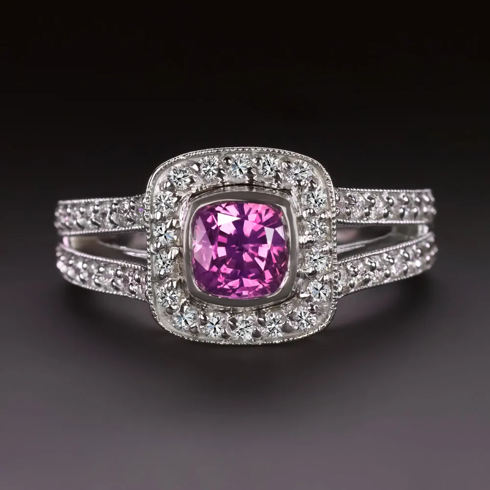 PINK SAPPHIRE DIAMOND COCKTAIL RING CUSHION CUT HALO SPLIT SHANK 14k WHITE GOLD