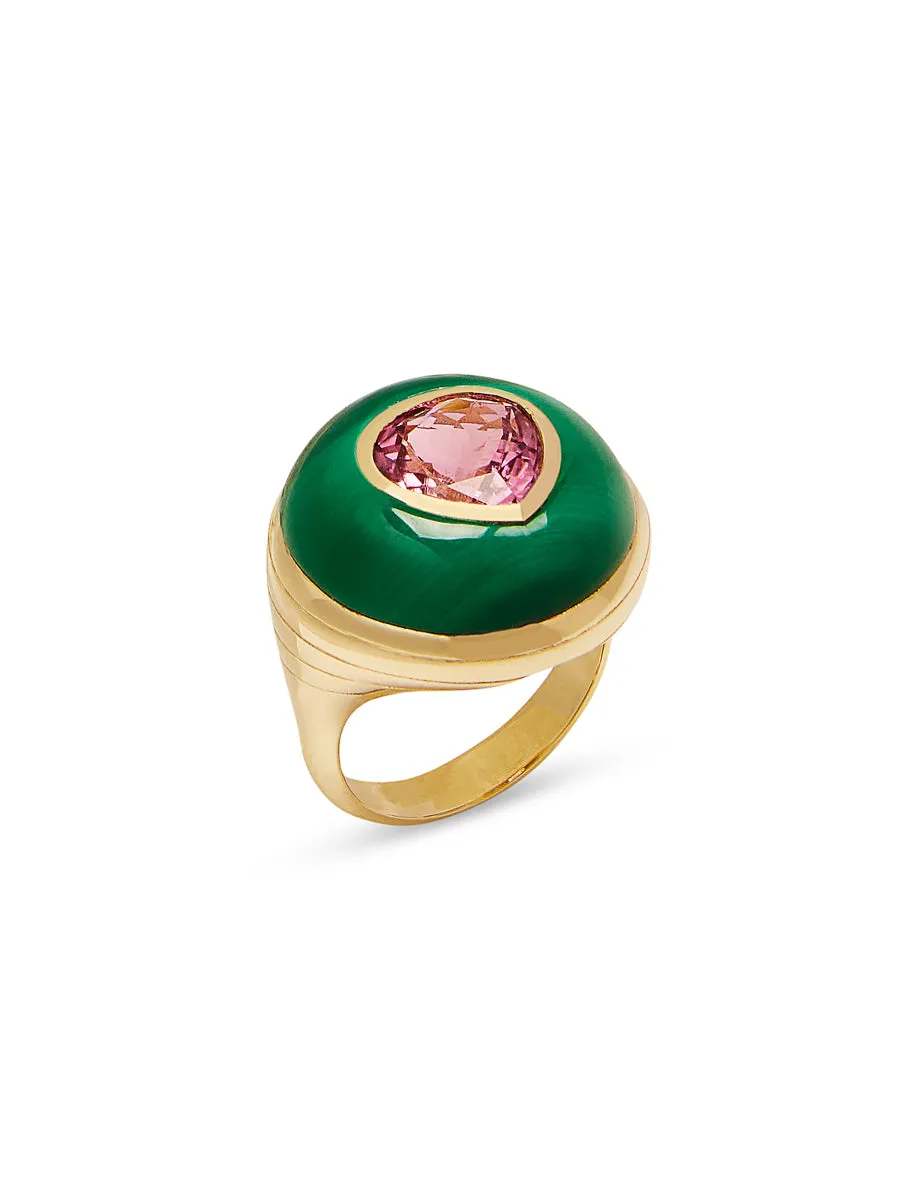 Pink Tourmaline in Malachite Petite Lollipop Yellow Gold Ring