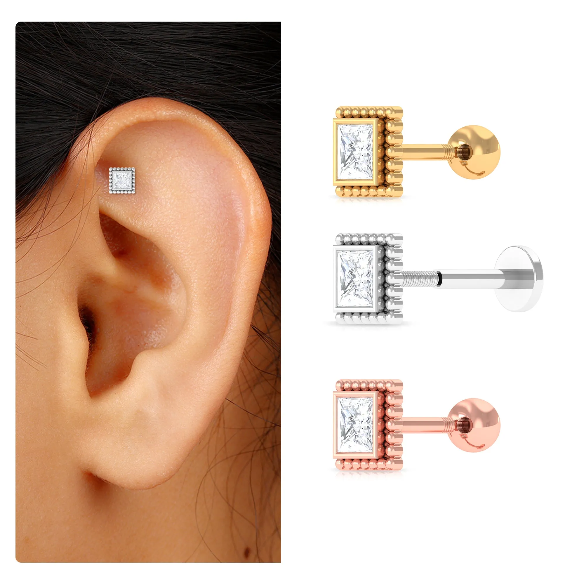 Princess Cut Moissanite Simple Helix Earring in Bezel Setting