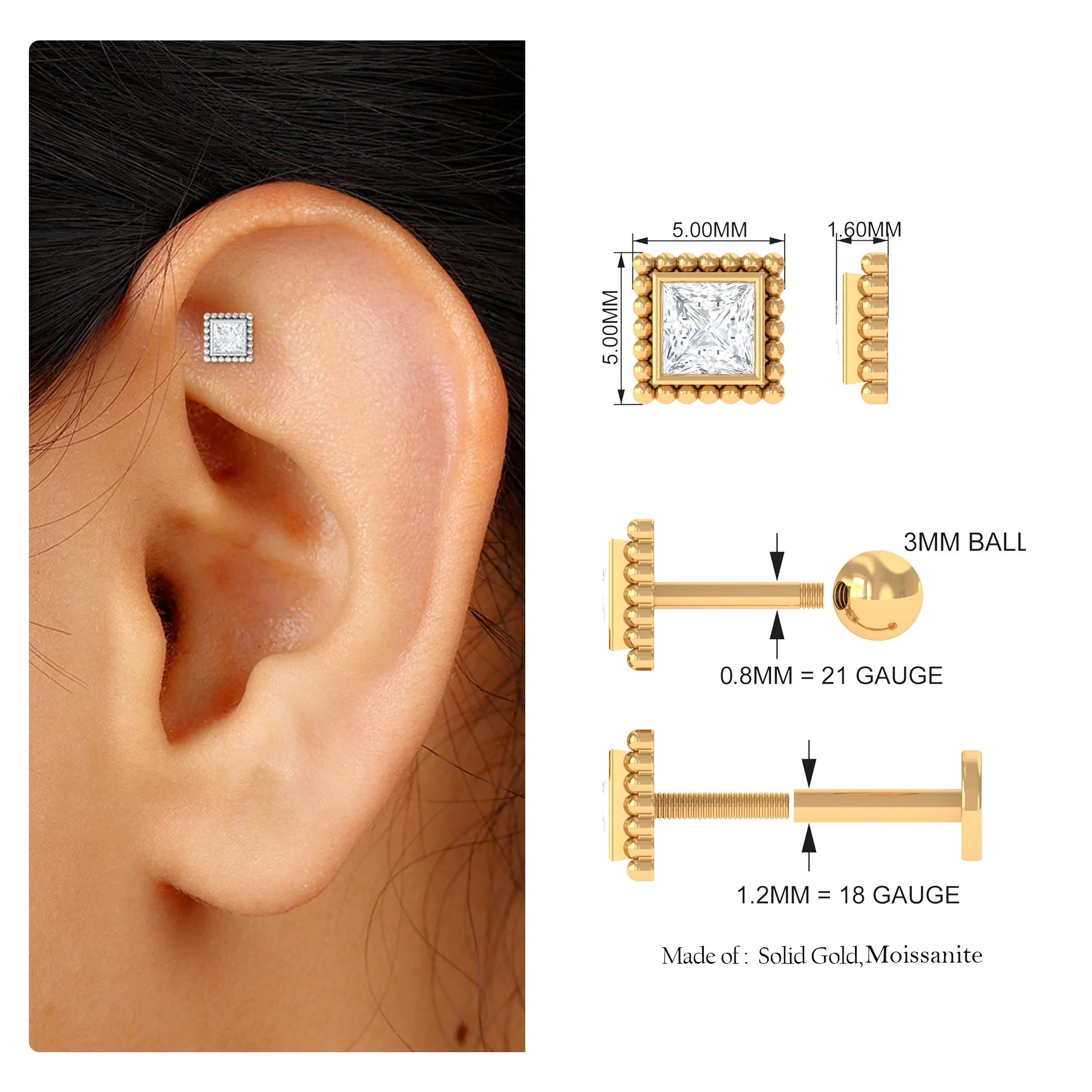 Princess Cut Moissanite Simple Helix Earring in Bezel Setting