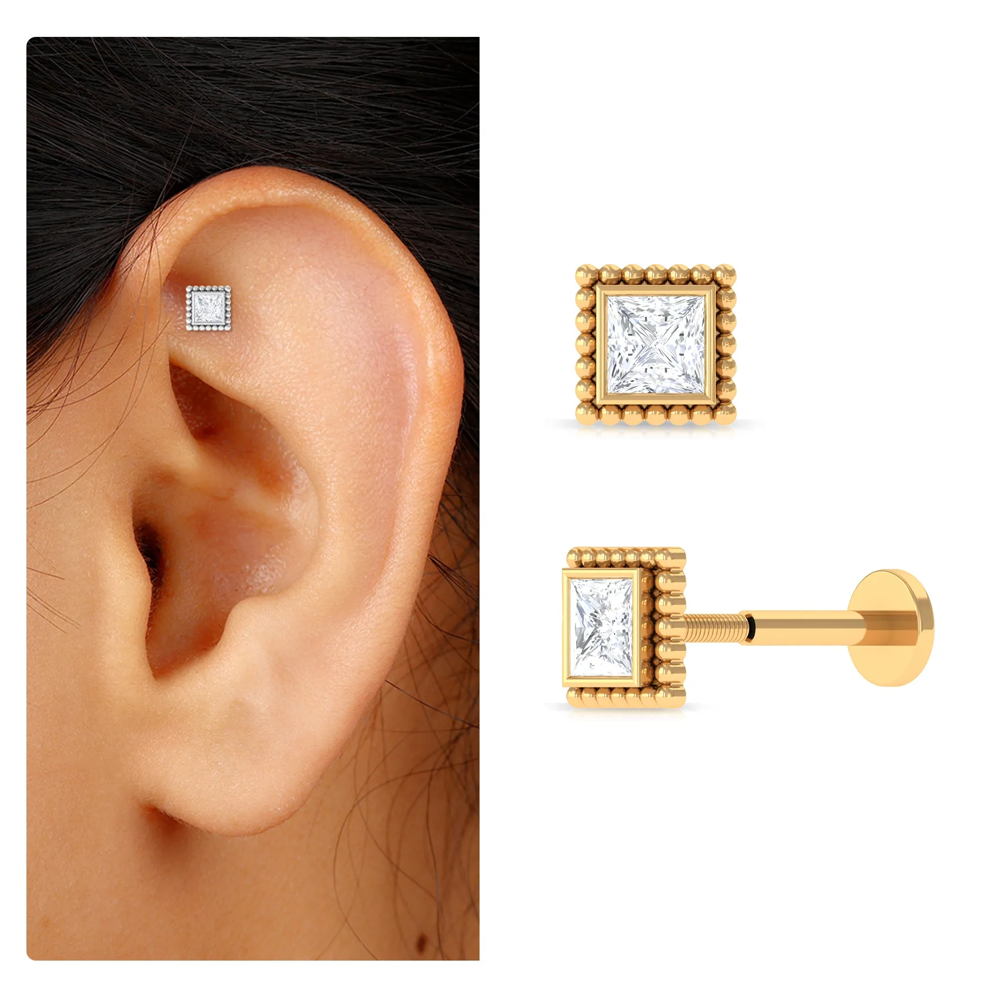 Princess Cut Moissanite Simple Helix Earring in Bezel Setting