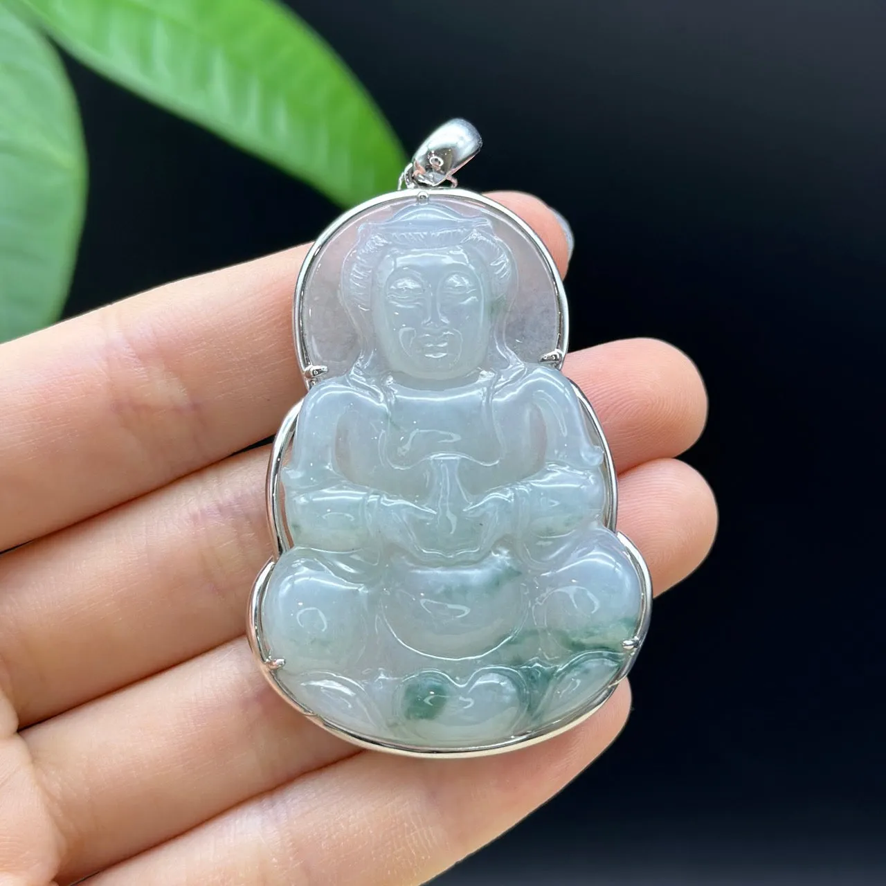 "Goddess of Compassion" 18k White Gold Genuine Burmese Jadeite Jade Guanyin Necklace With Good Luck Design