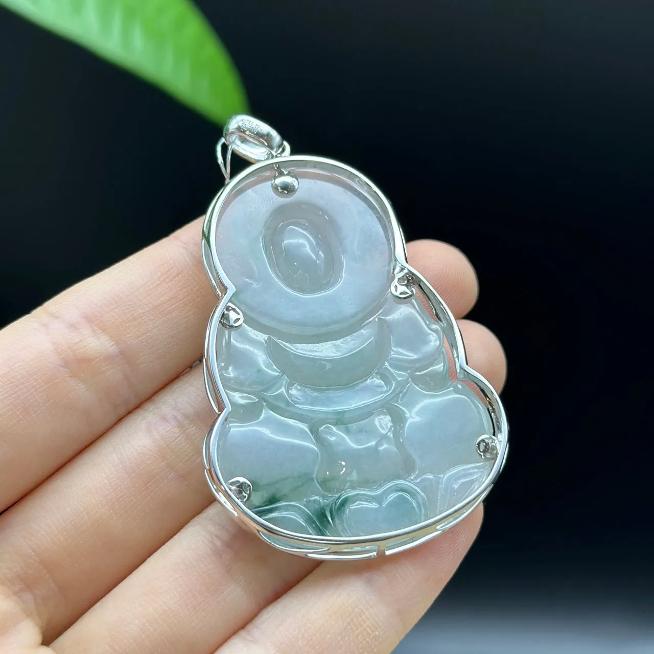 "Goddess of Compassion" 18k White Gold Genuine Burmese Jadeite Jade Guanyin Necklace With Good Luck Design