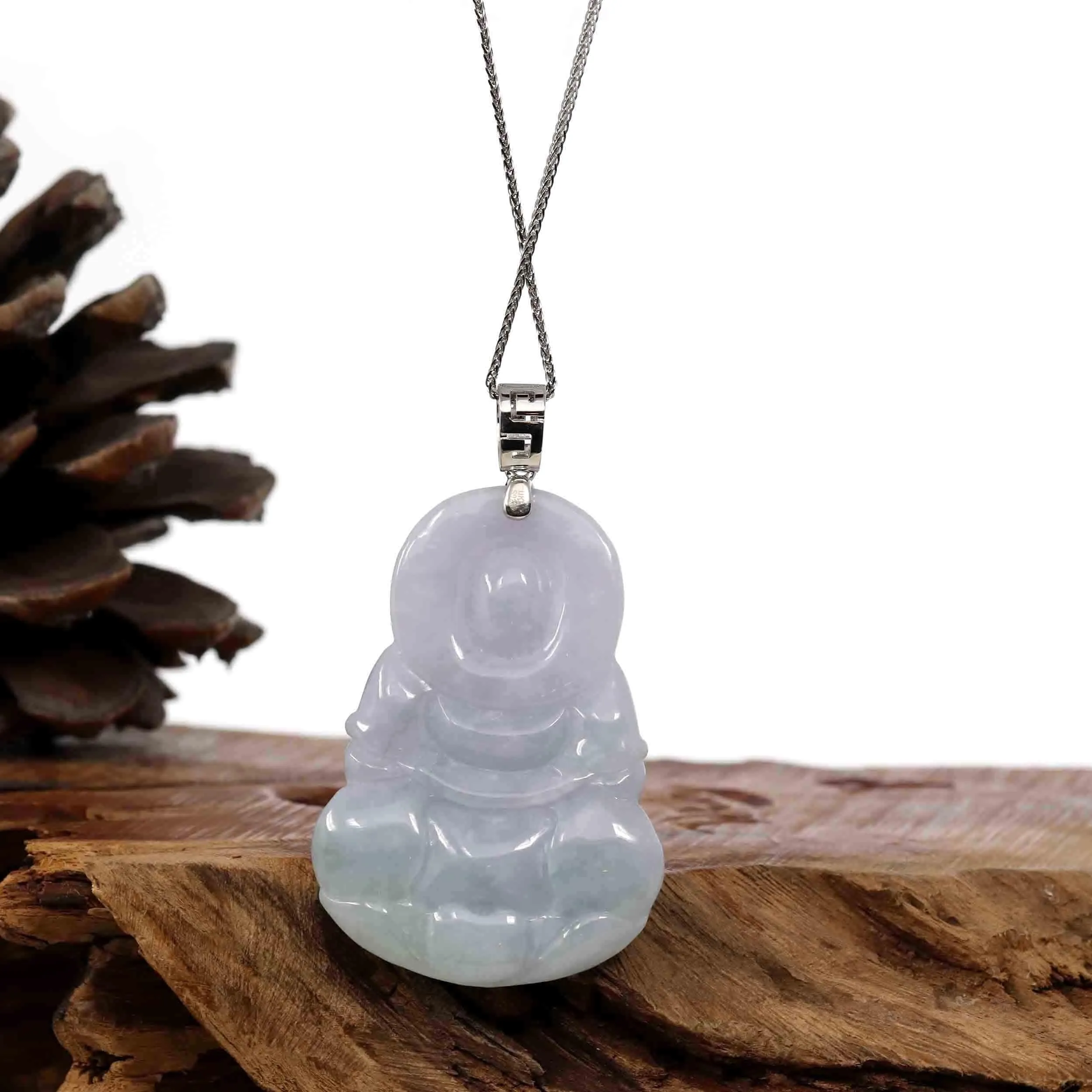 "Goddess of Compassion" Sterling Silver Genuine Burmese Jadeite Jade Guanyin Necklace With Good Luck Design