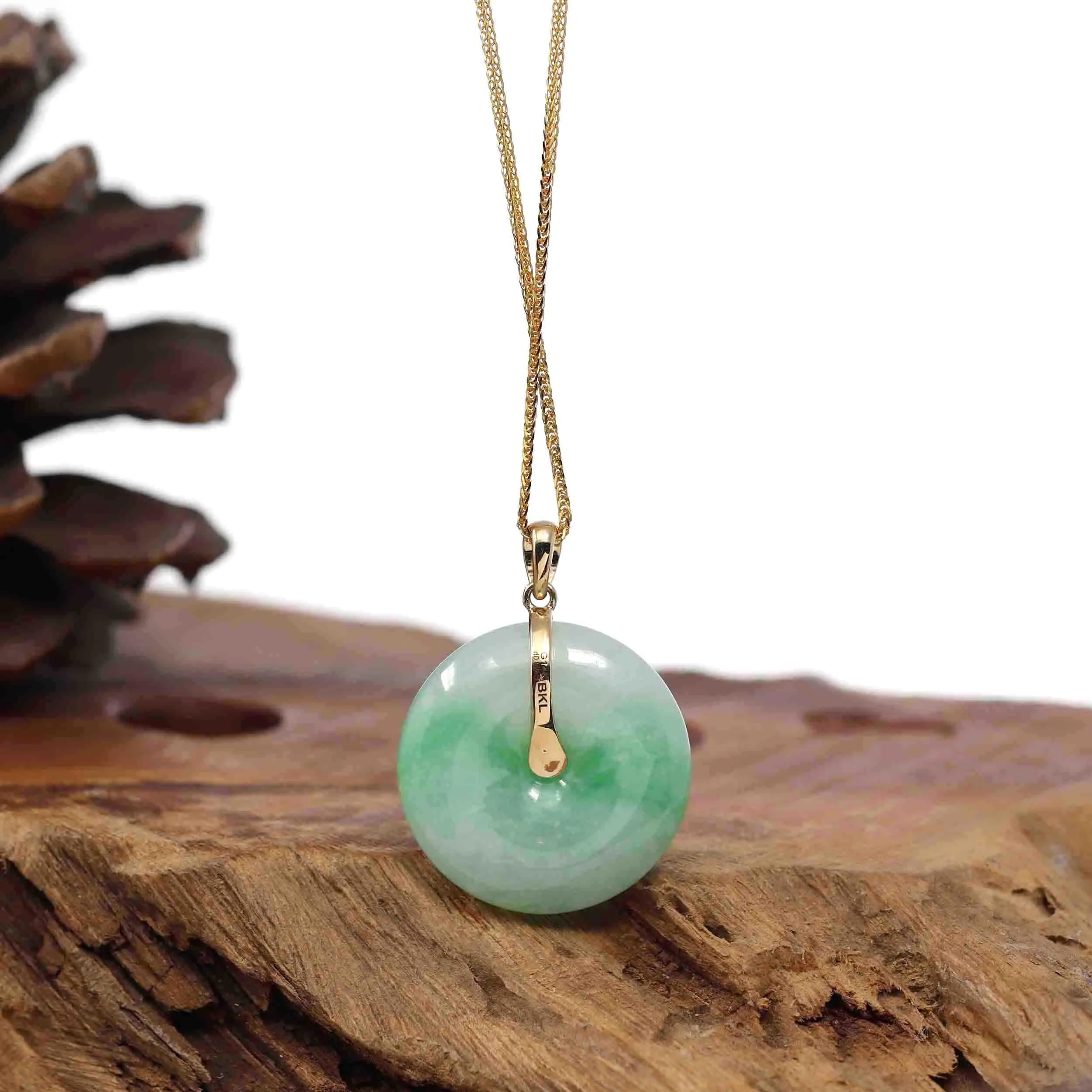 "Good Luck Button" Green Jadeite Jade Lucky KouKou Pendant With 14K Yellow Gold  Diamond Bail