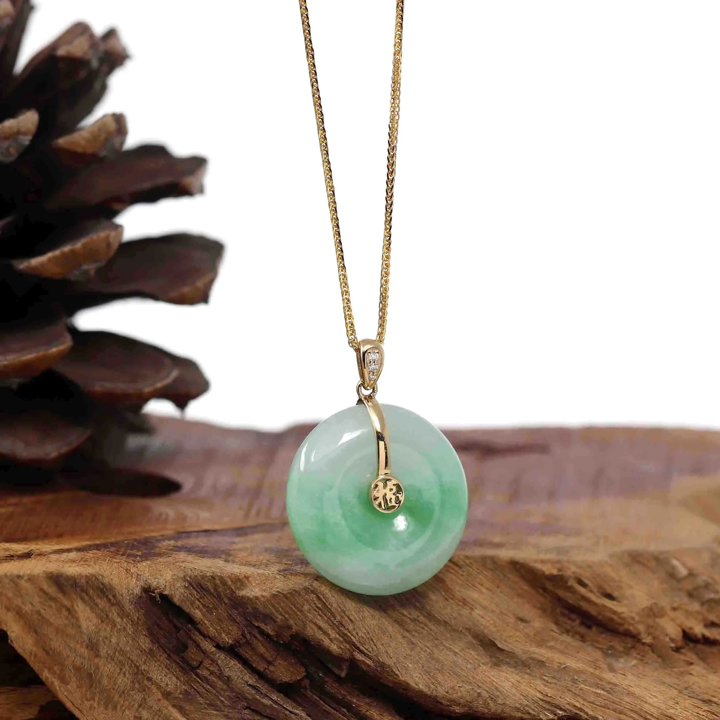 "Good Luck Button" Green Jadeite Jade Lucky KouKou Pendant With 14K Yellow Gold  Diamond Bail