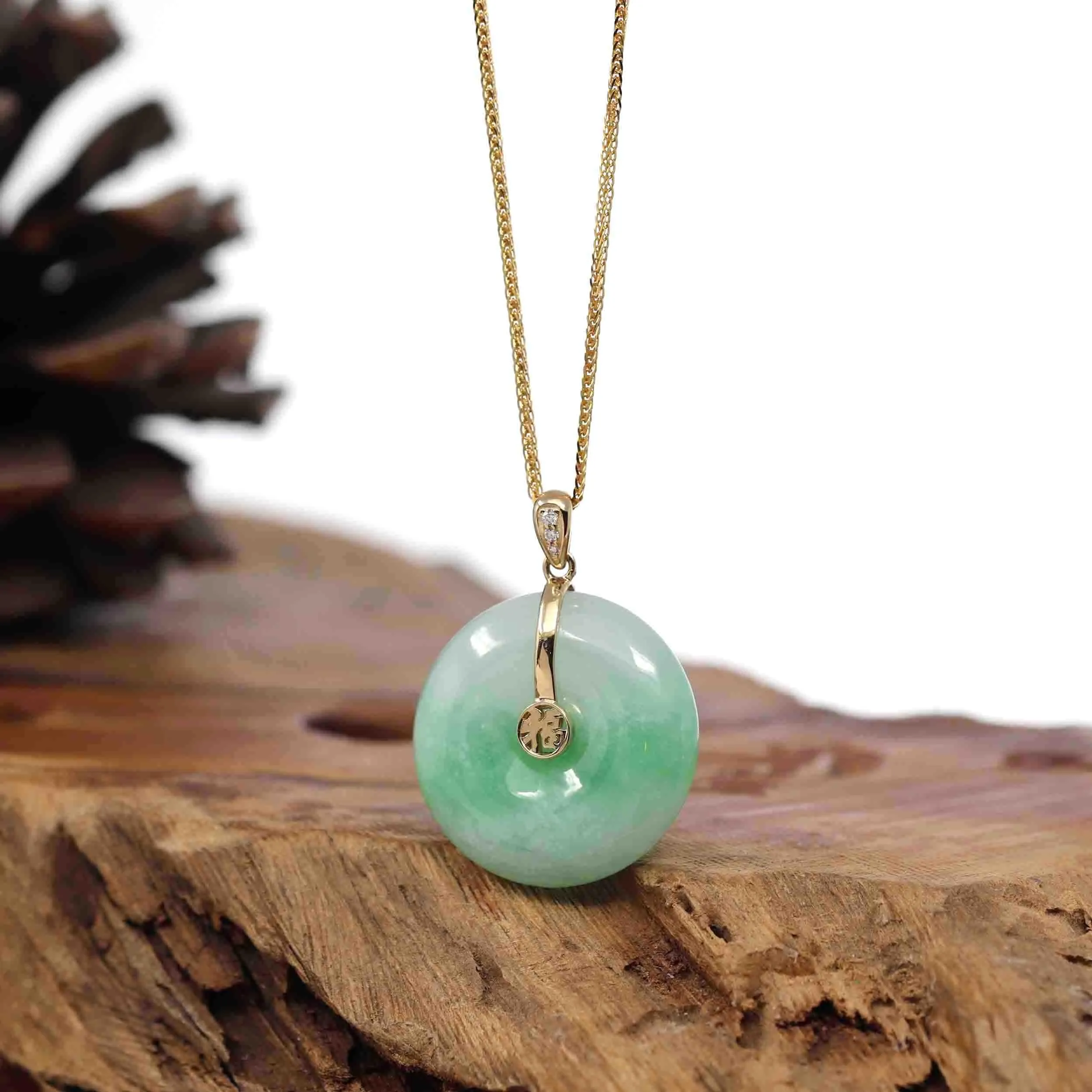 "Good Luck Button" Green Jadeite Jade Lucky KouKou Pendant With 14K Yellow Gold  Diamond Bail