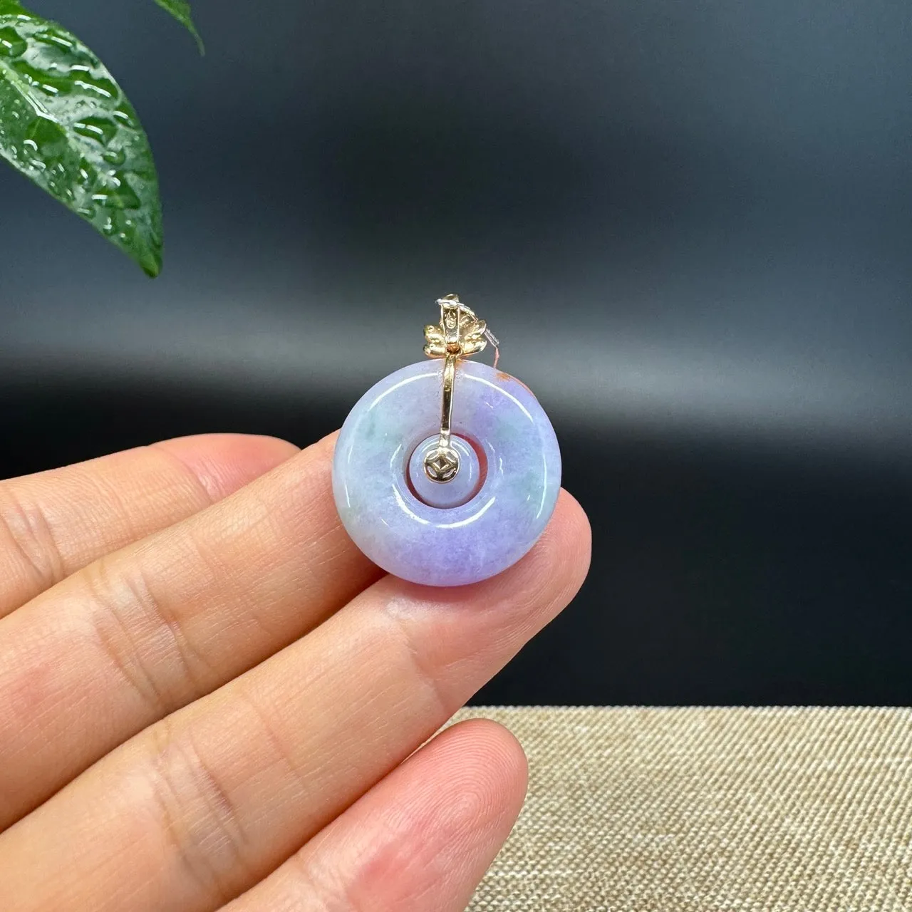 "Good Luck Button" Lavender Jadeite Jade Lucky KouKou Pendant With 18K Yellow Gold Diamond Bail