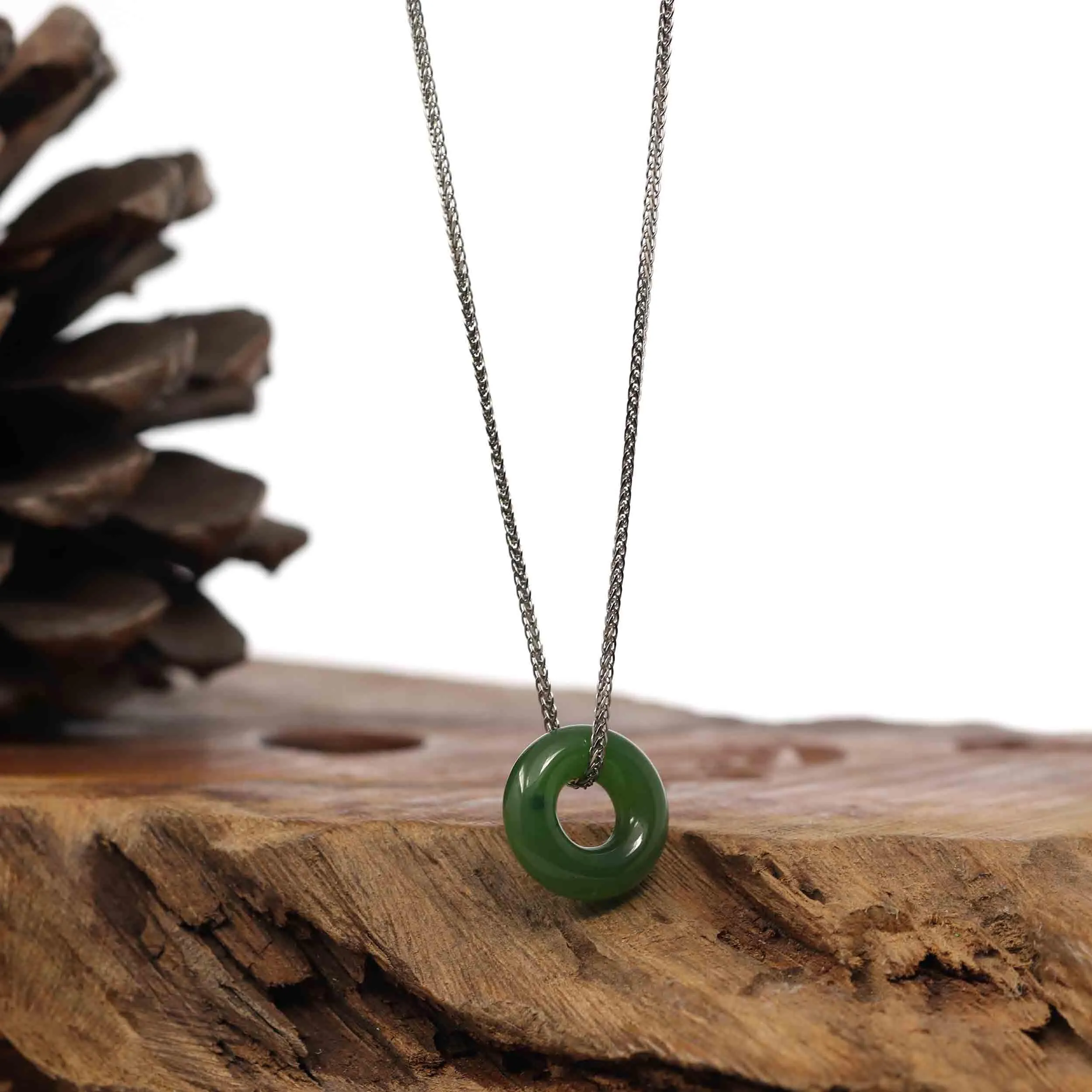 "Good Luck Button" Necklace Green Nephrite Jade Pendant Necklace