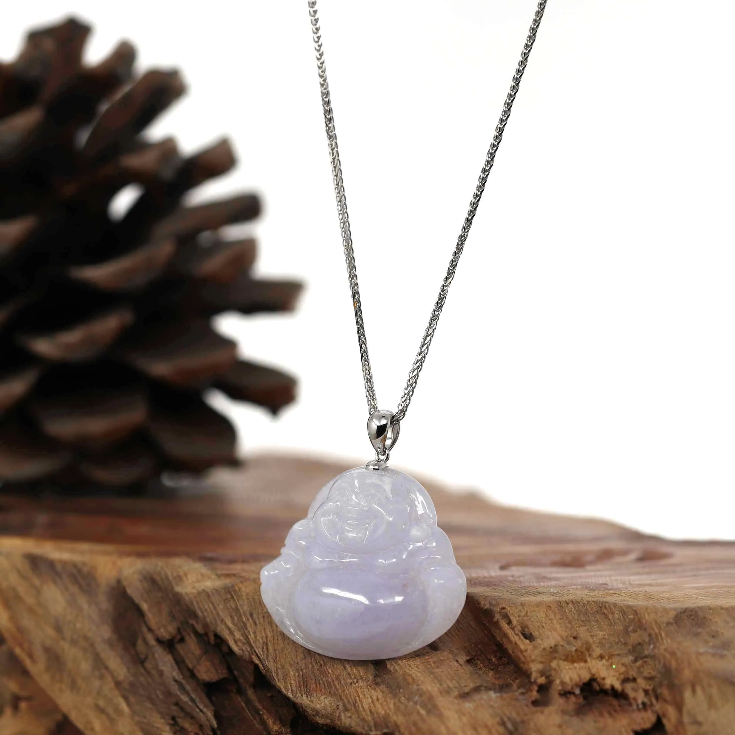 "Laughing Buddha" Genuine Lavender Jadeite Jade With 14k White Gold