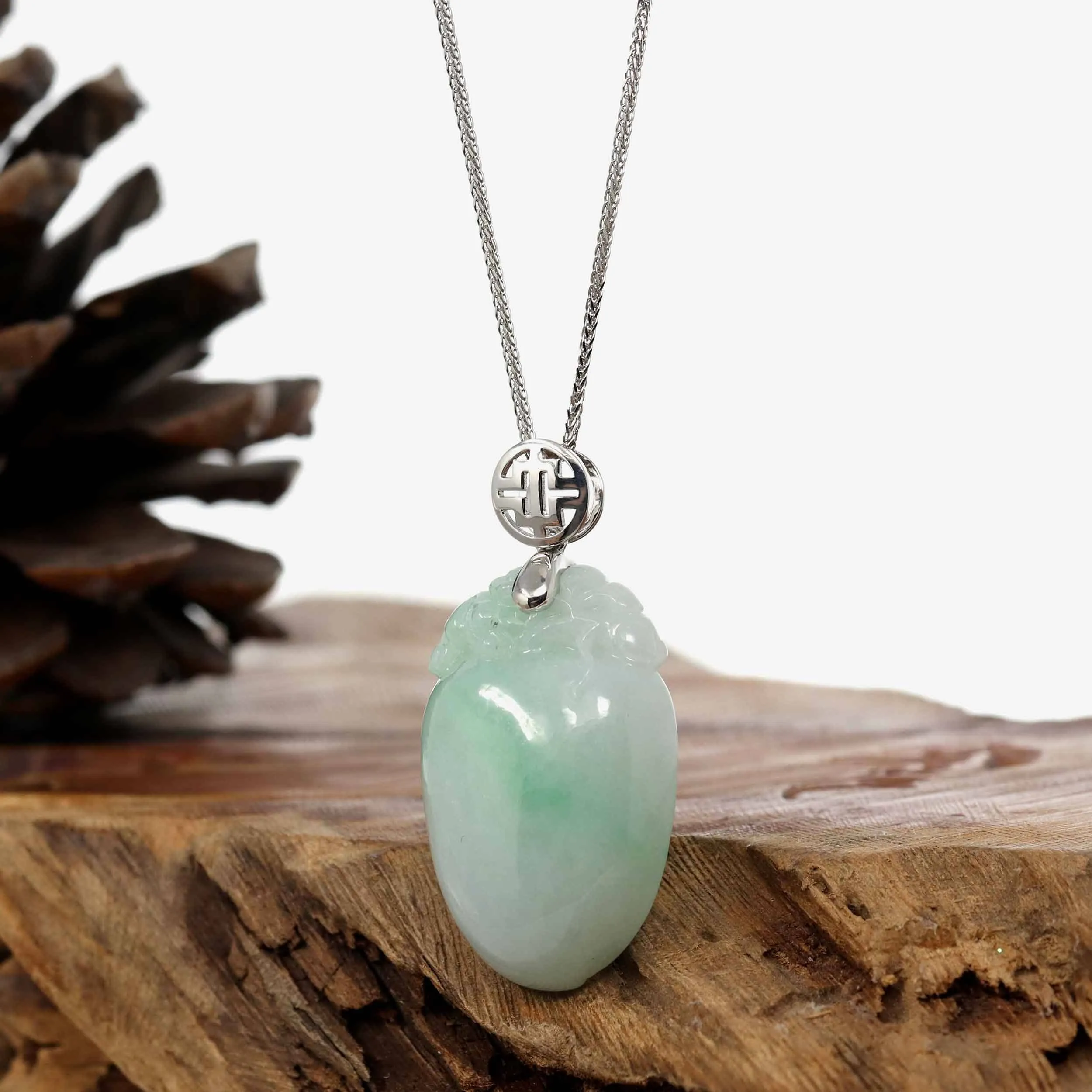 "Shou Tao" (Longevity Peach) Natural Light green Jadeite Jade, Necklace With Silver Bail