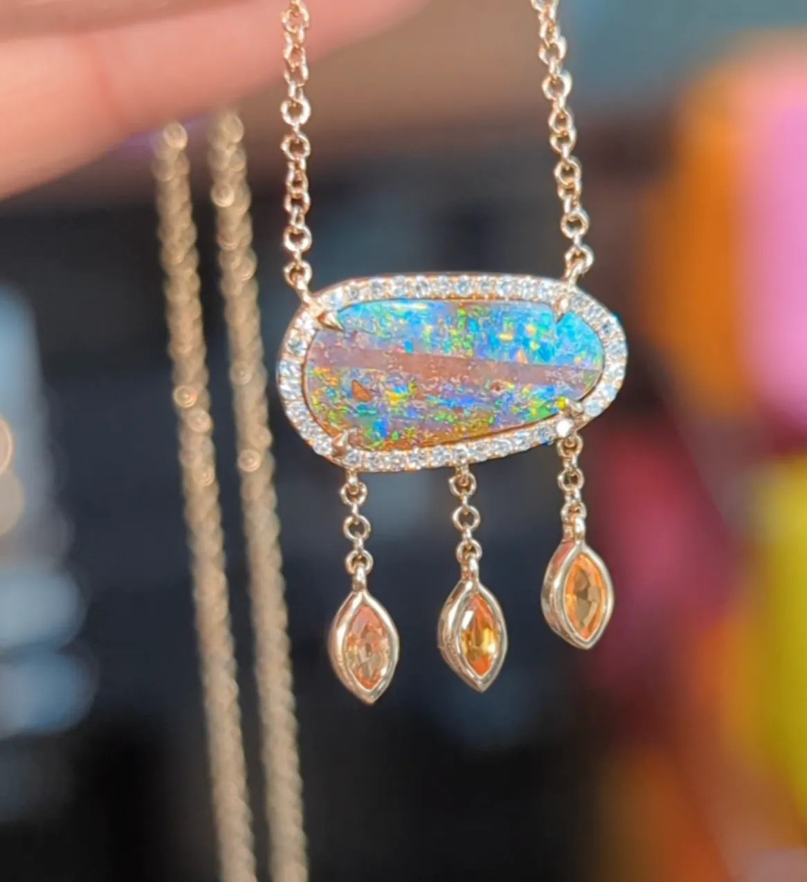 Rainbow Boulder Opal Necklace With Sapphire Drops