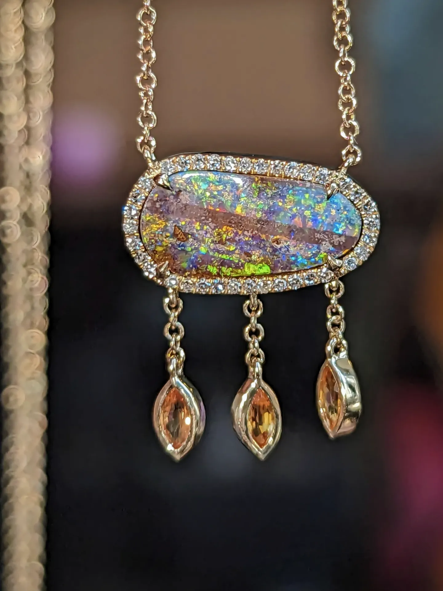 Rainbow Boulder Opal Necklace With Sapphire Drops