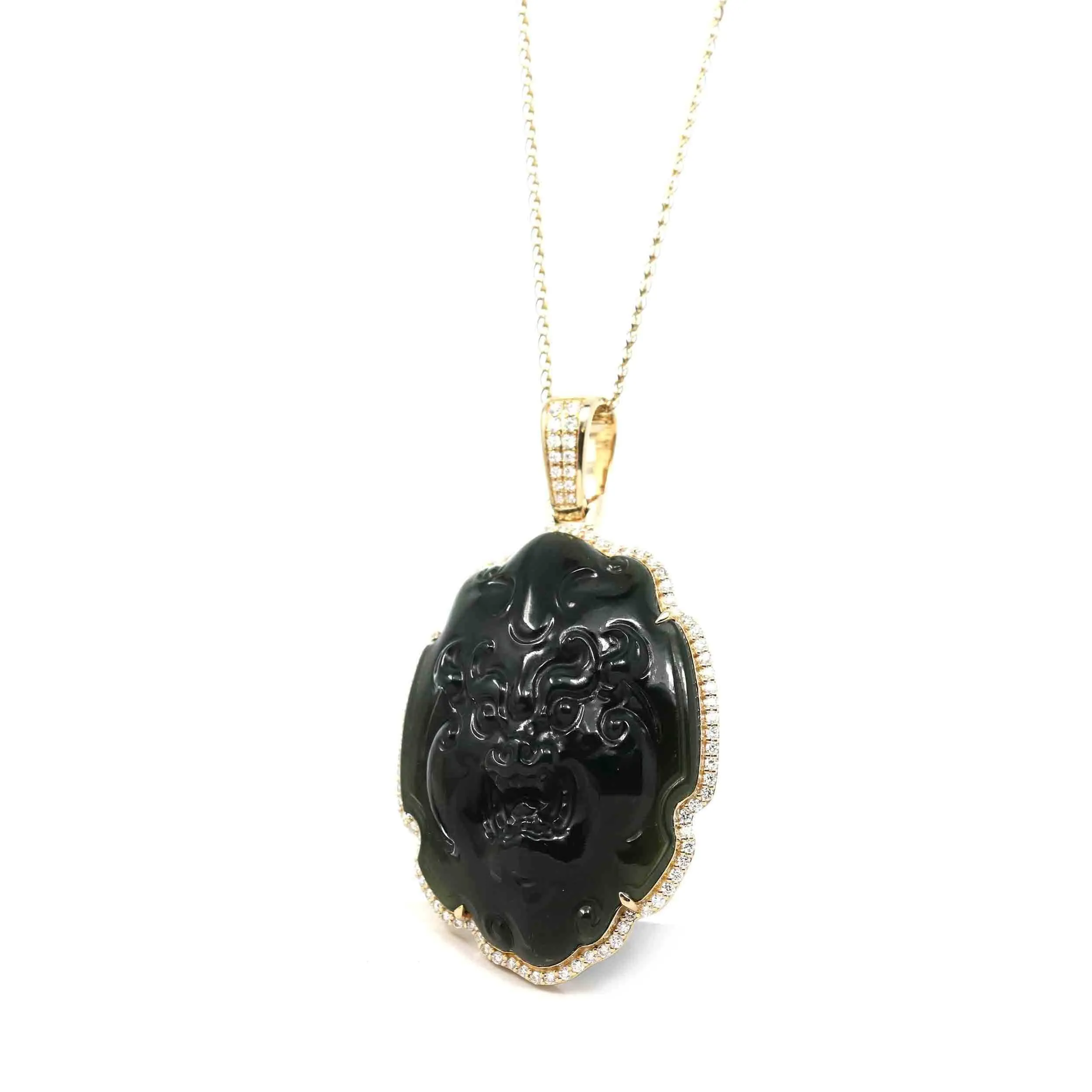 RealJade® 14K Yellow Gold & Black Nephrite Jade " Foo Dogs " Pendant