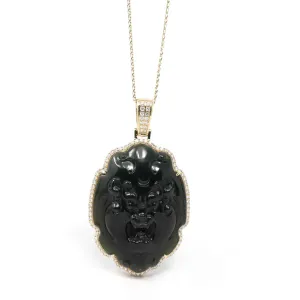 RealJade® 14K Yellow Gold & Black Nephrite Jade " Foo Dogs " Pendant