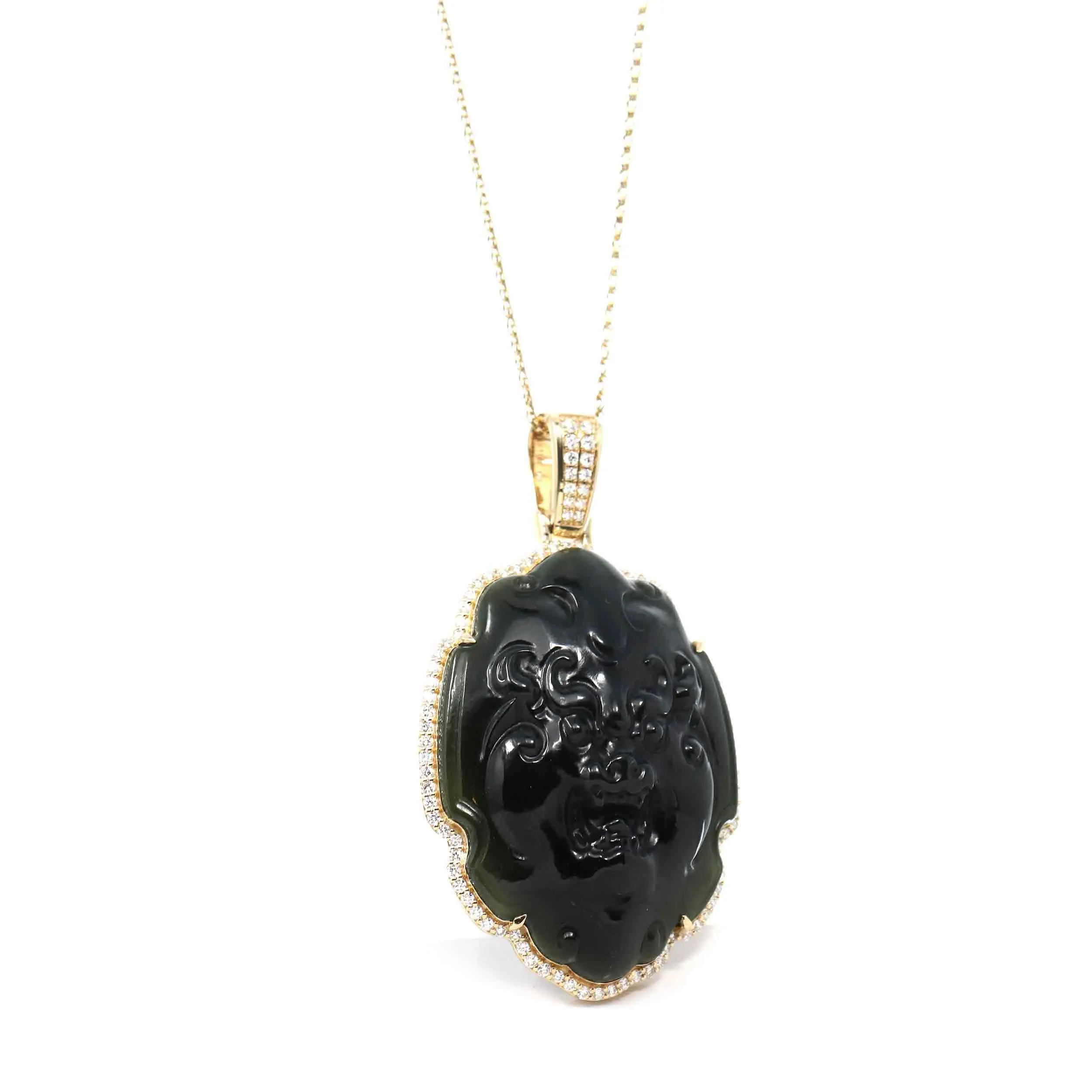 RealJade® 14K Yellow Gold & Black Nephrite Jade " Foo Dogs " Pendant