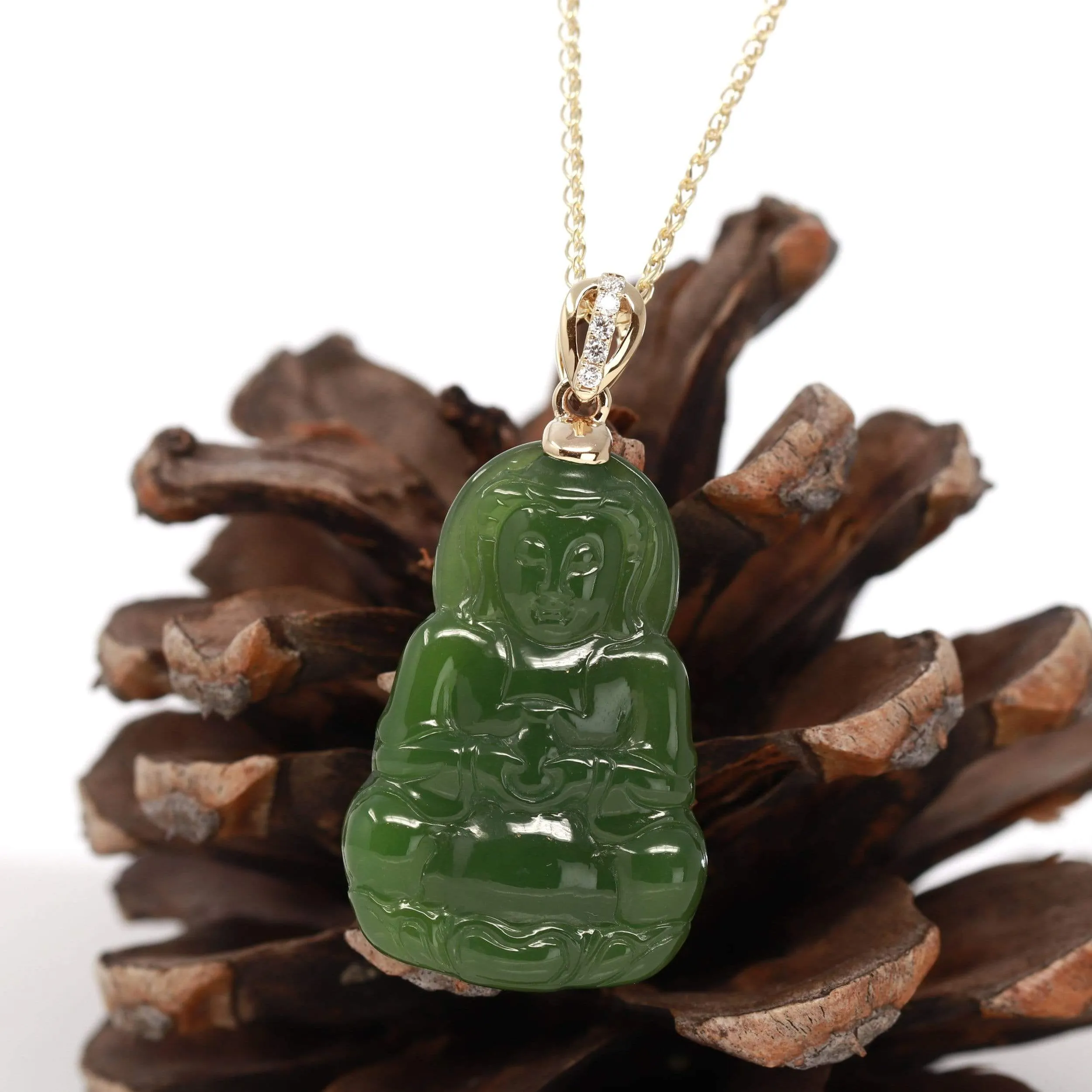 RealJade® 14K Yellow Gold Genuine Nephrite Green Jade Guanyin Pendant Necklace