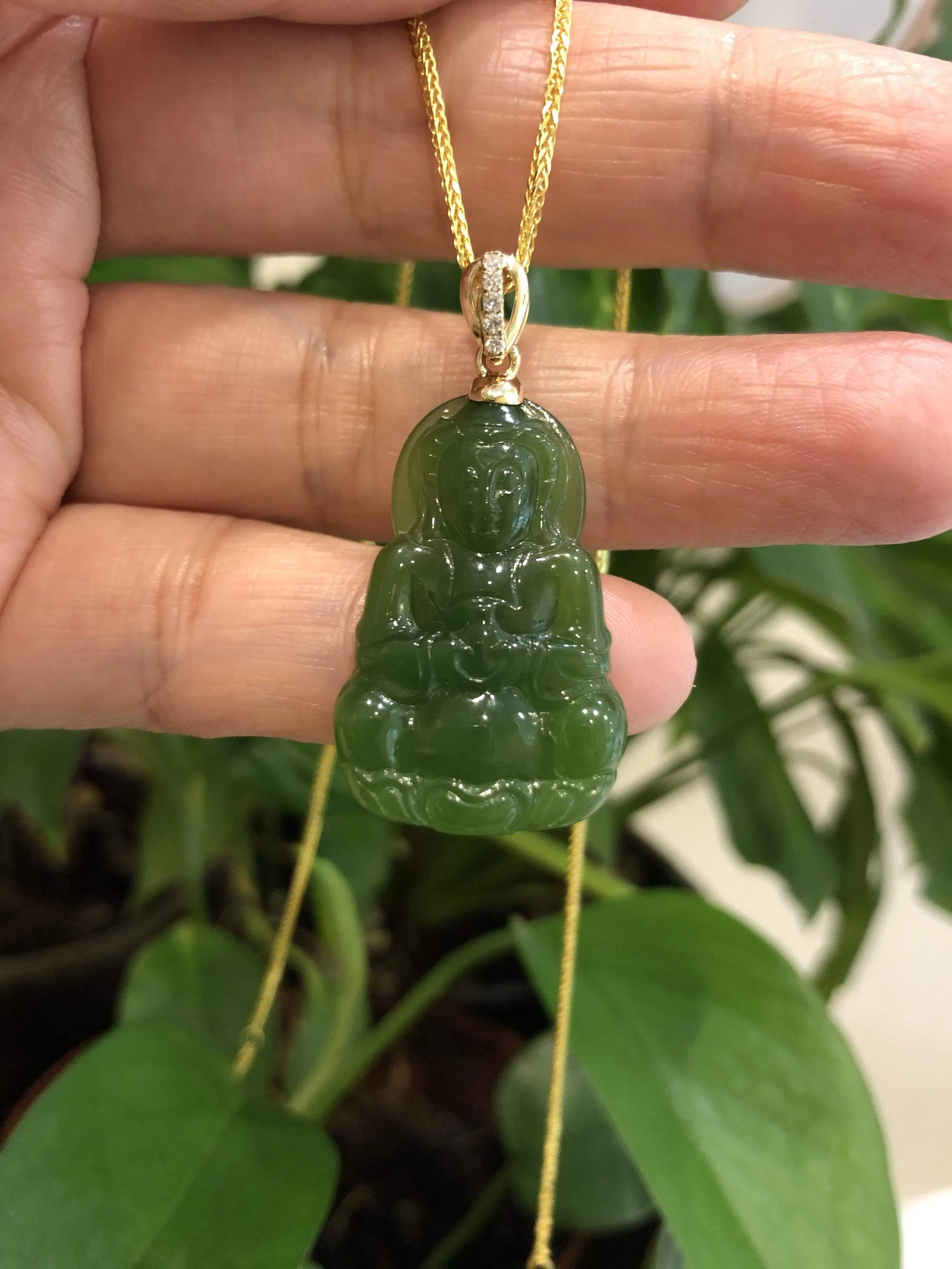 RealJade® 14K Yellow Gold Genuine Nephrite Green Jade Guanyin Pendant Necklace