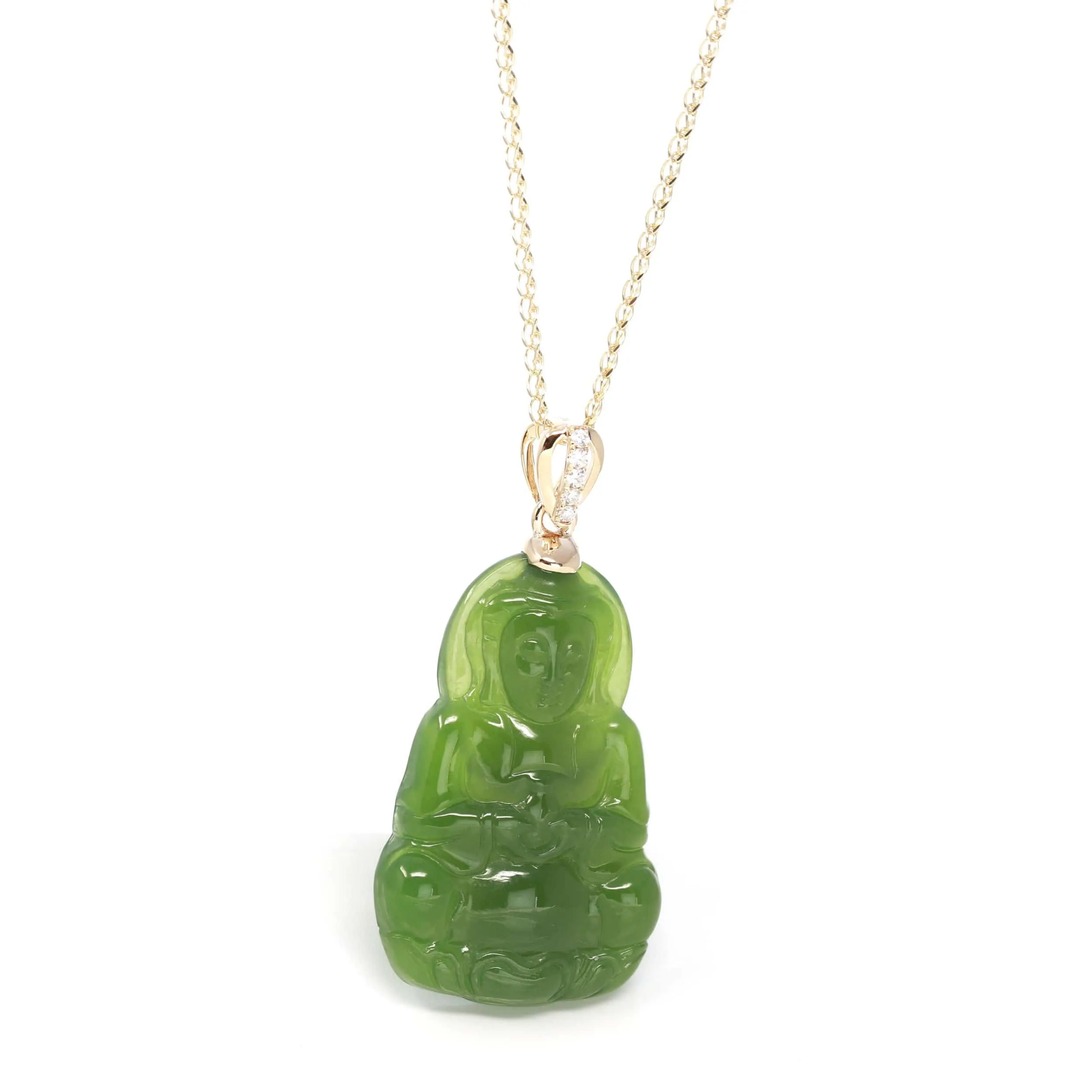 RealJade® 14K Yellow Gold Genuine Nephrite Green Jade Guanyin Pendant Necklace