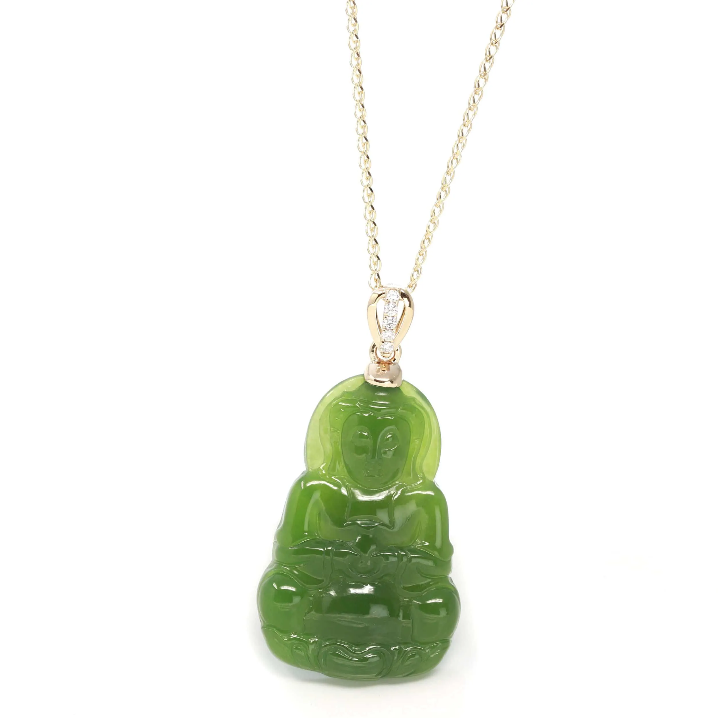 RealJade® 14K Yellow Gold Genuine Nephrite Green Jade Guanyin Pendant Necklace