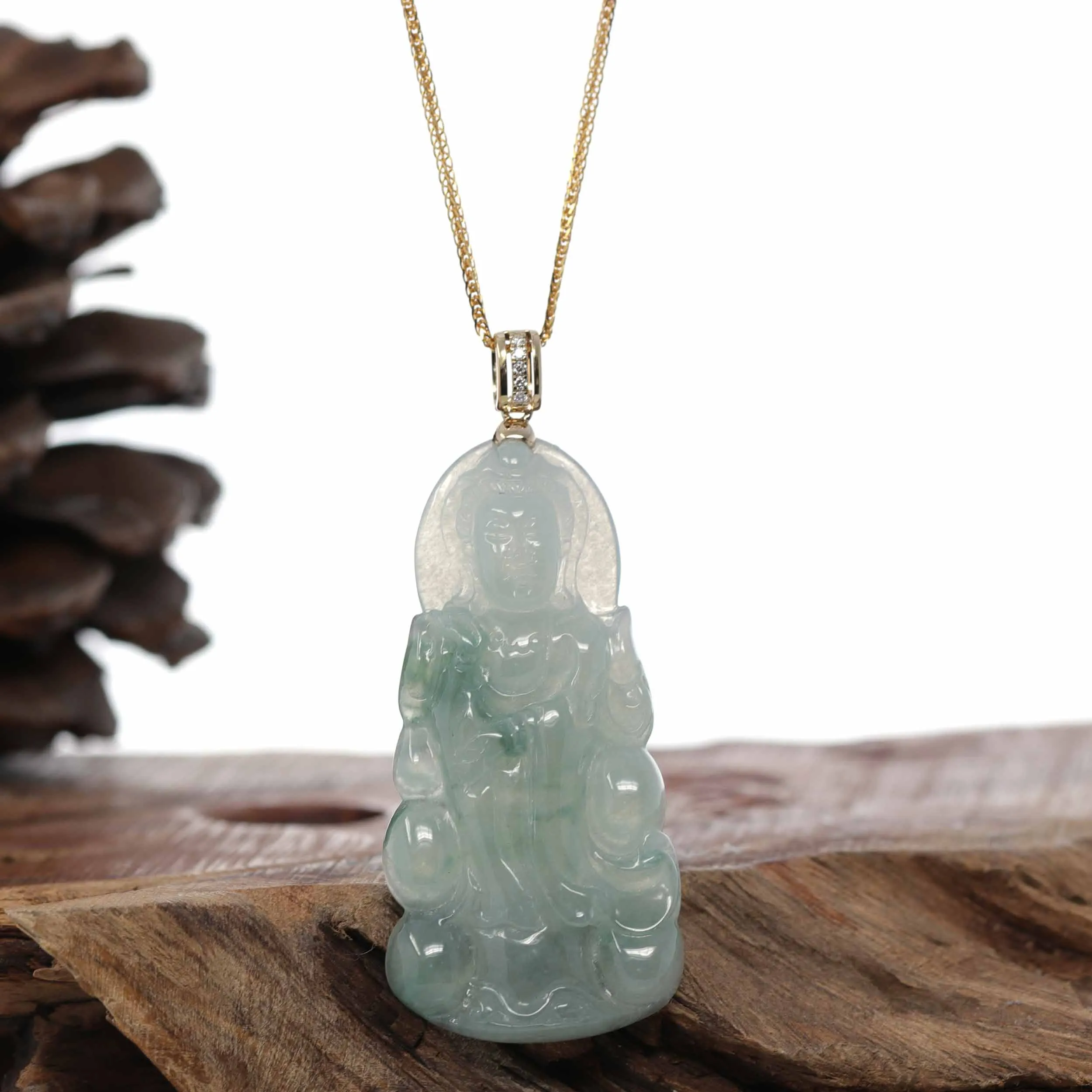 RealJade® Co. 14k Yellow Gold "Goddess of Compassion" Genuine Ice Burmese Jadeite Jade Guanyin Necklace With Gold Bail