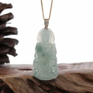 RealJade® Co. 14k Yellow Gold "Goddess of Compassion" Genuine Ice Burmese Jadeite Jade Guanyin Necklace With Gold Bail