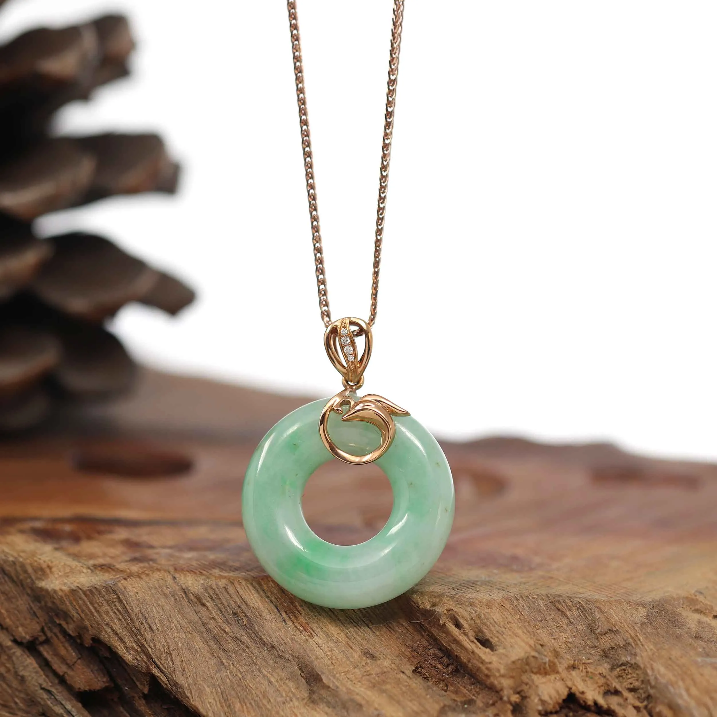 RealJade® Co. "Good Luck Birdie" 18k Rose Gold Genuine Burmese Jadeite Lucky Kou Kou Pendant Necklace With Diamond