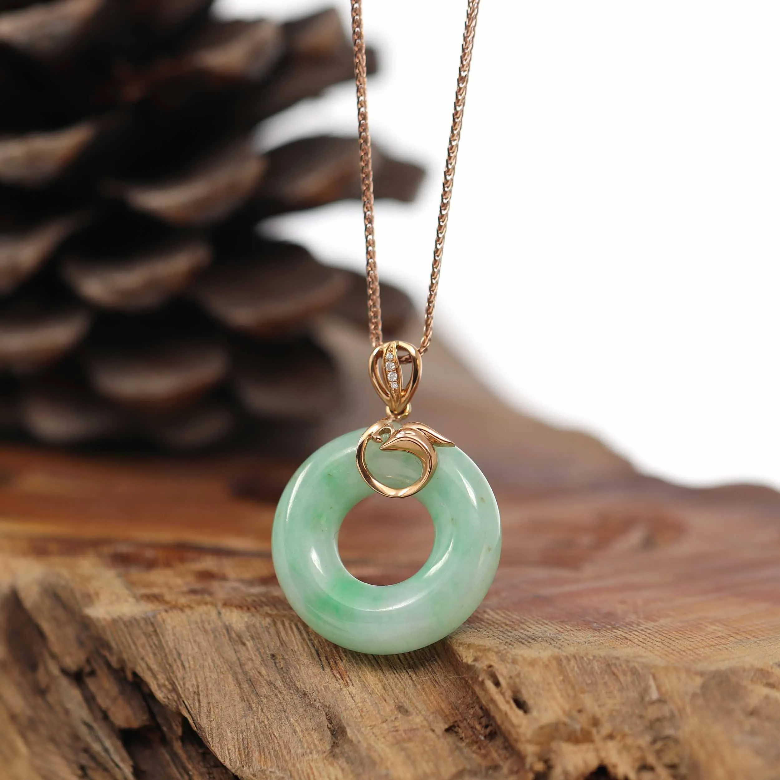 RealJade® Co. "Good Luck Birdie" 18k Rose Gold Genuine Burmese Jadeite Lucky Kou Kou Pendant Necklace With Diamond